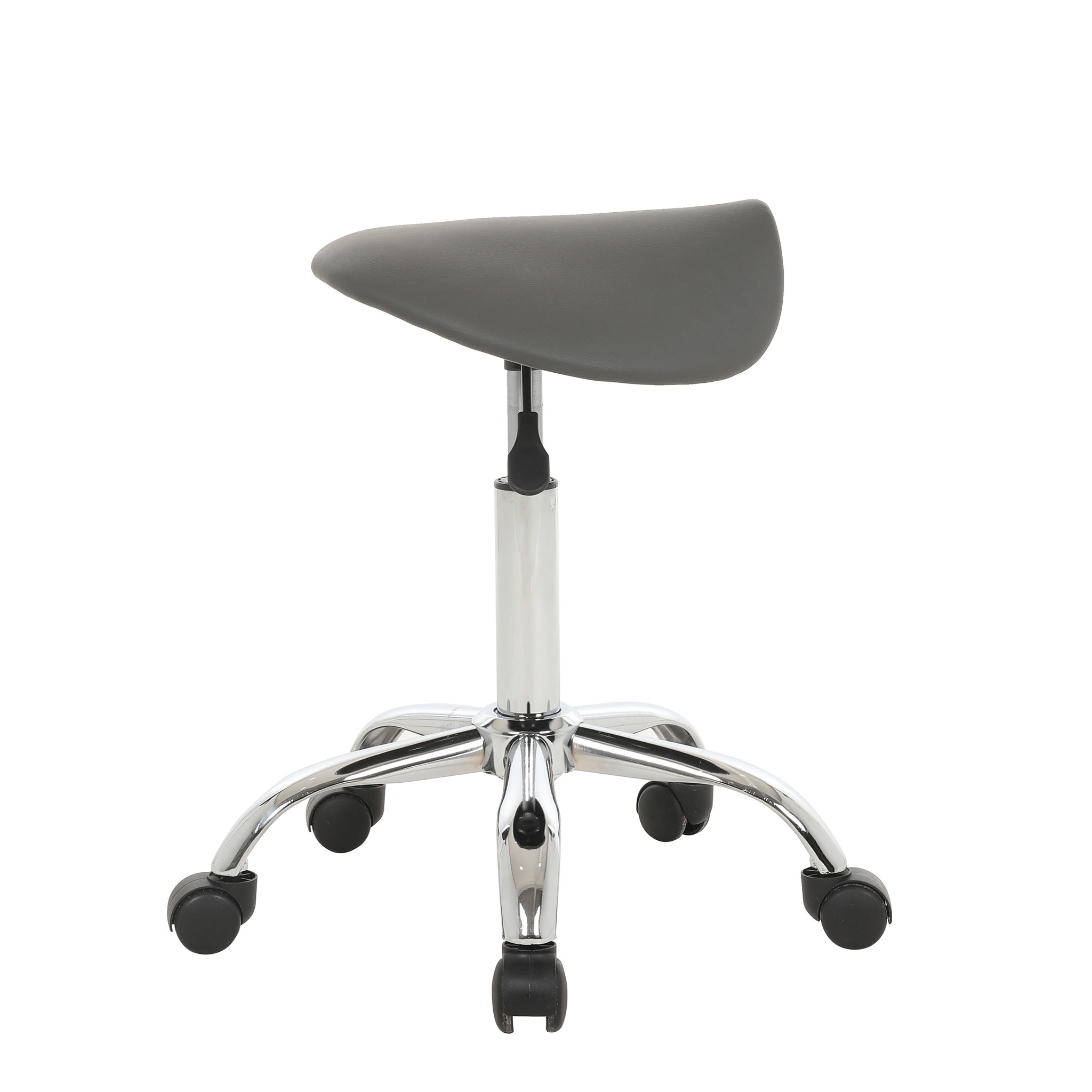 Szary stołek siodłowy z chromowaną podstawą i kółkami.