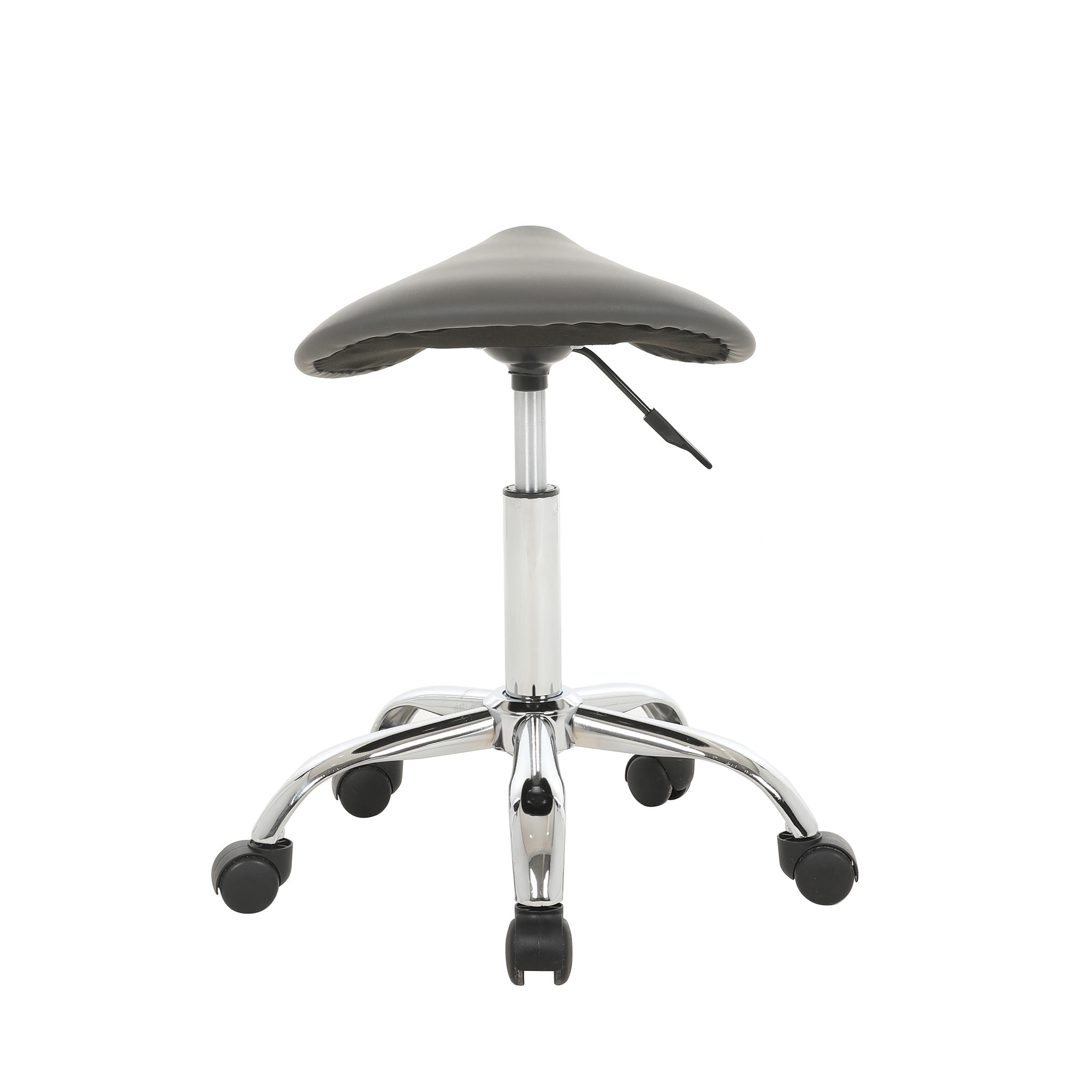 Szary stołek siodłowy z srebrną podstawą i kółkami na białym tle.