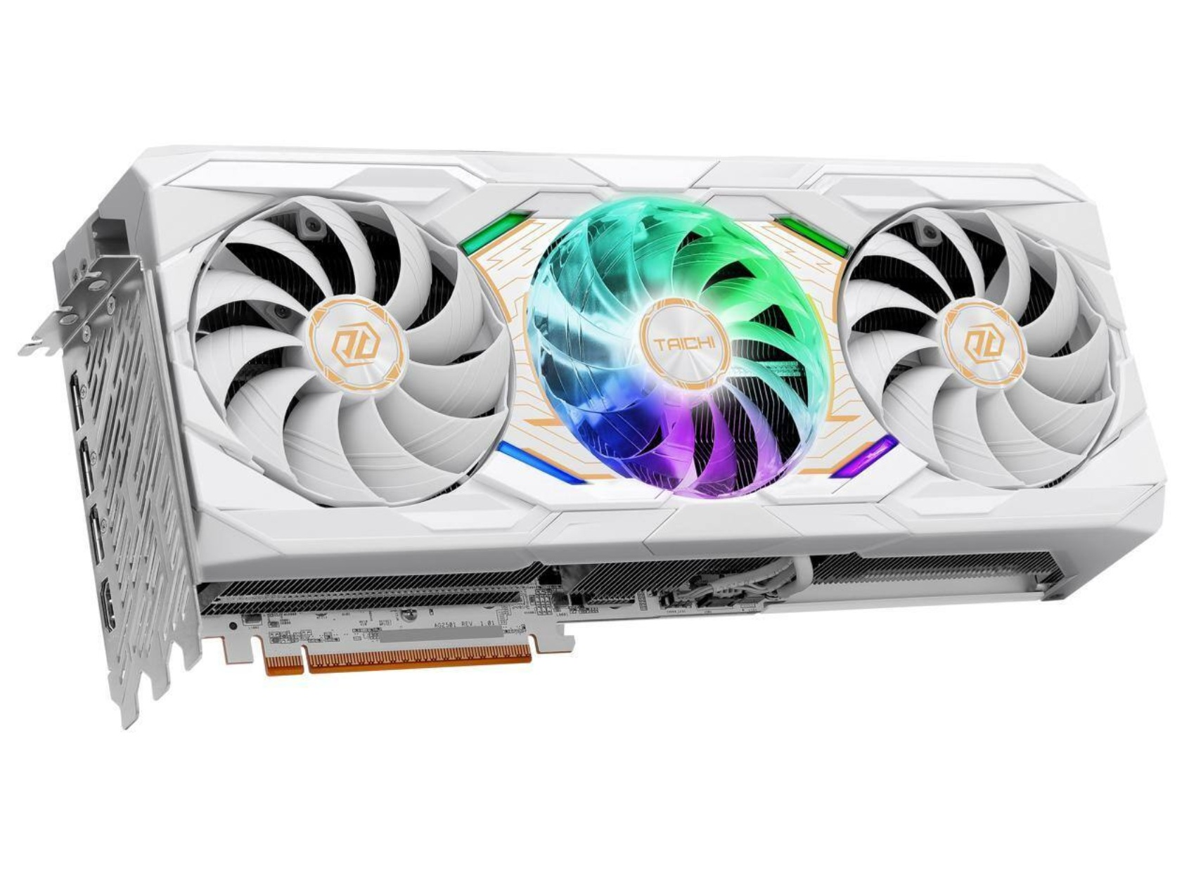 A white high-end graphics card with three fans and RGB lighting.