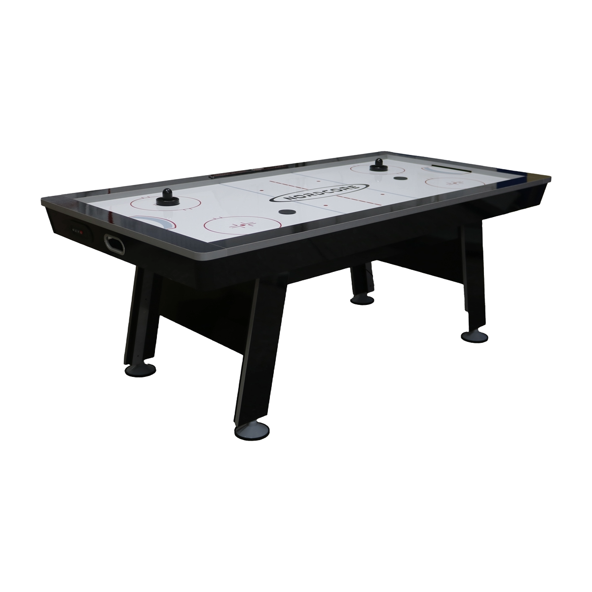 Ein Airhockeytisch mit schwarzem Gehäuse und Beinen, weißer Spielfläche.