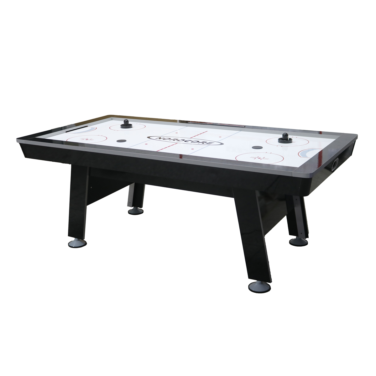 Ein schwarzer Airhockeytisch mit weißer Spielfläche und roten Markierungen.