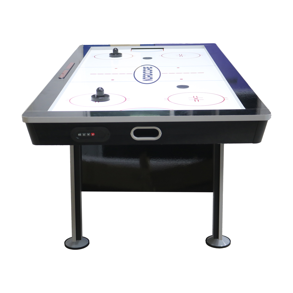 Ein Airhockeytisch mit schwarzem Gehäuse, vier Beinen und Spielfeld.