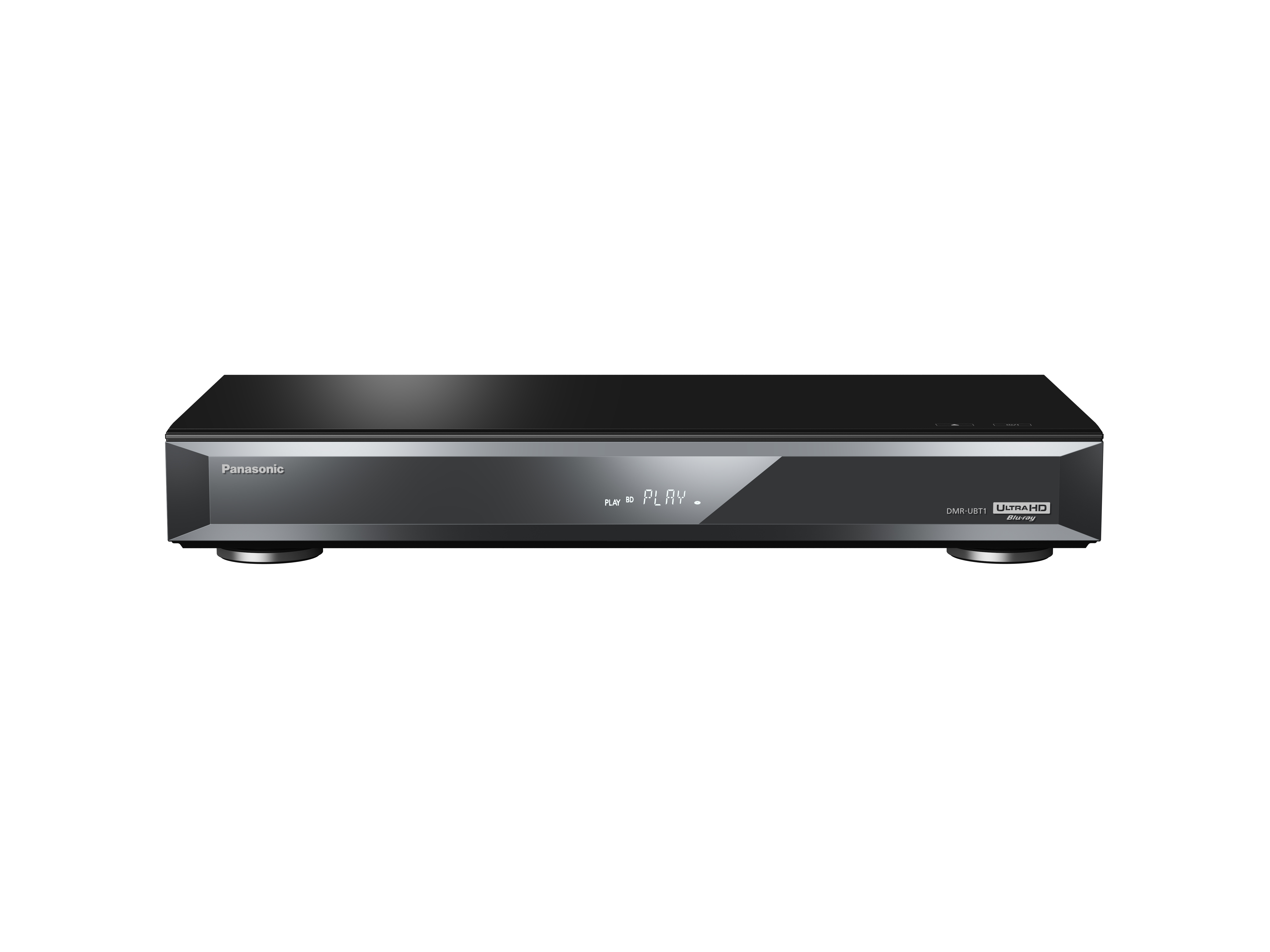 Schwarzer Panasonic Blu-ray Player mit silberner Front und blauer Anzeige.