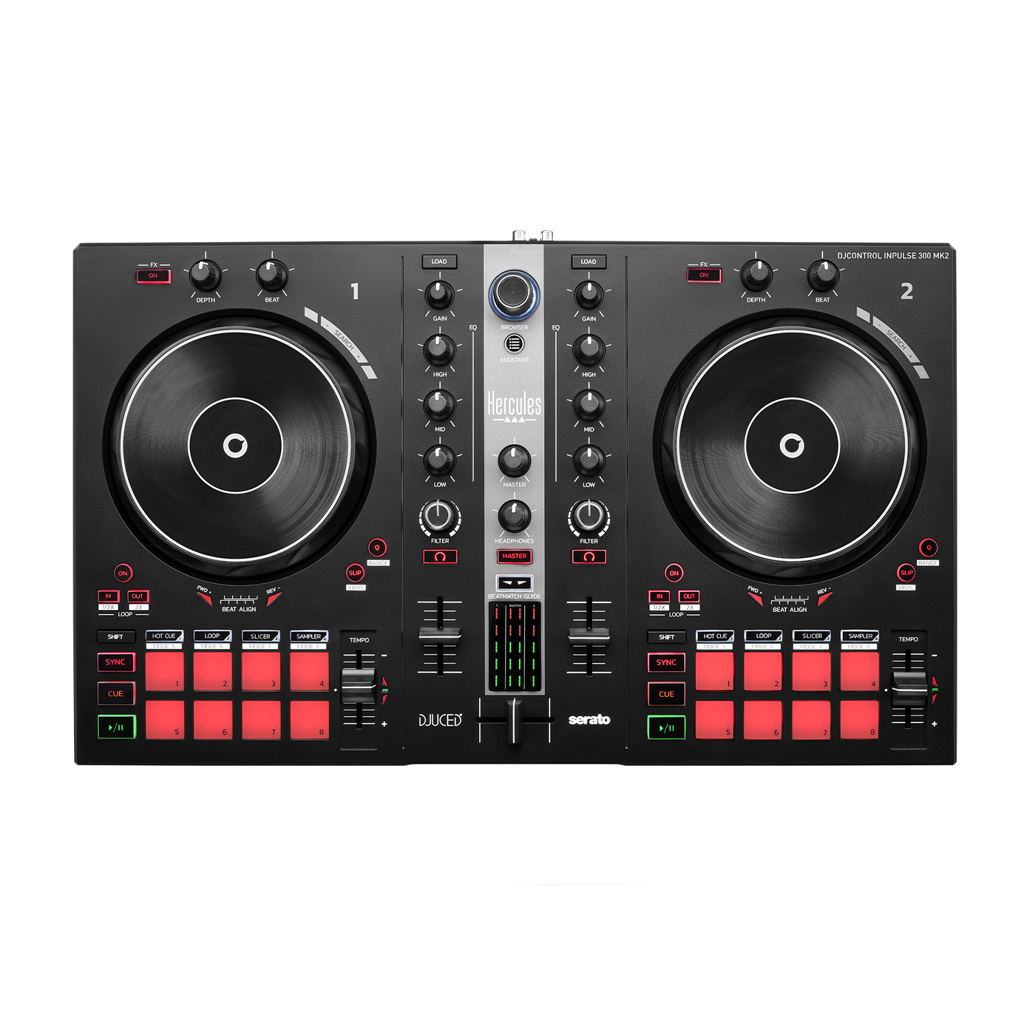 Schwarzer DJ-Controller mit zwei Decks, Jogwheels, Pads und Mixern.