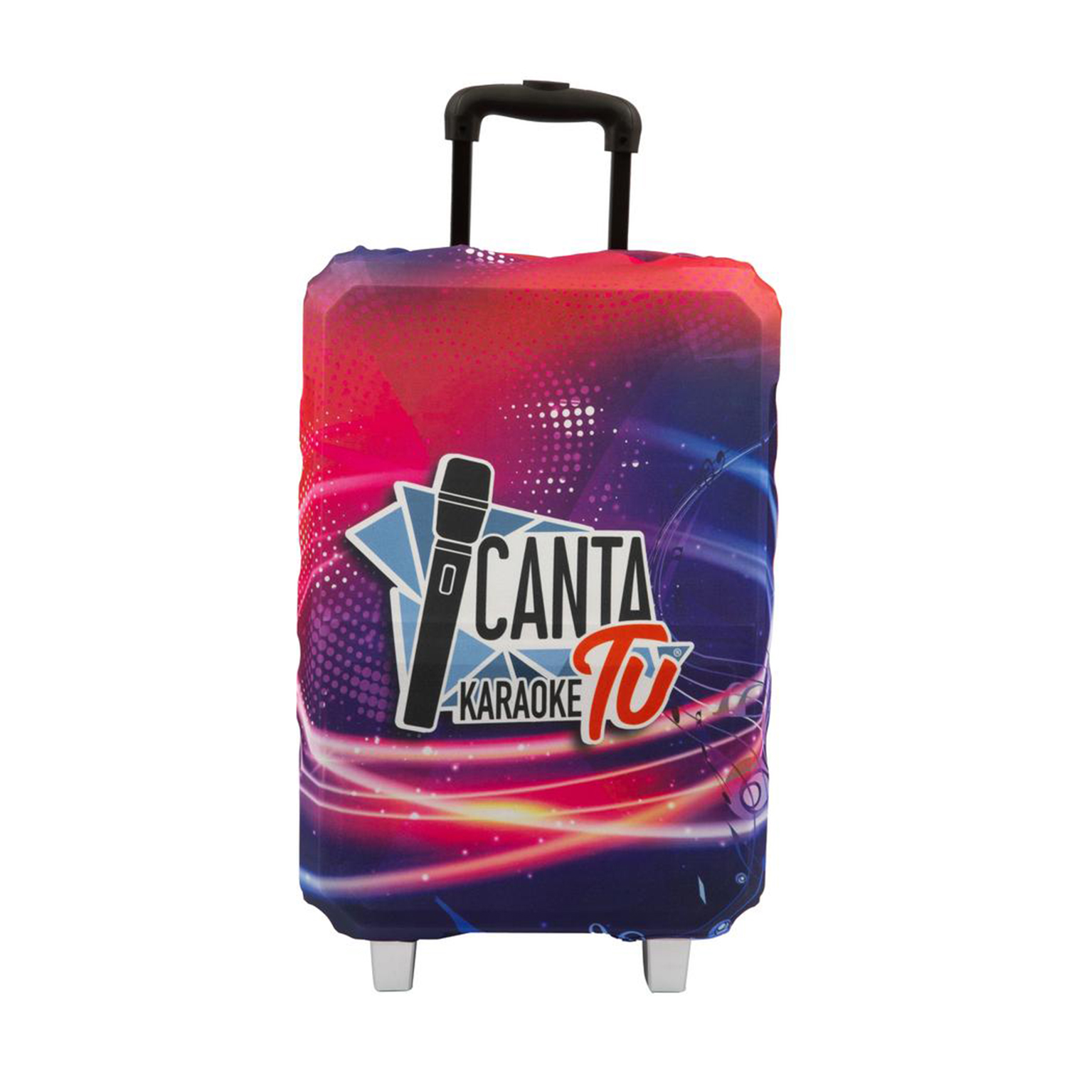 Copri valigia con microfono e logo "Canta Tu Karaoke", colori vivaci.