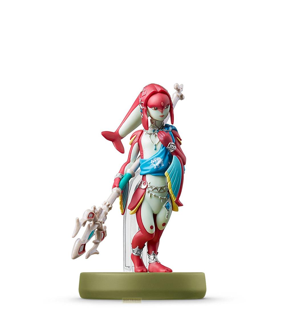 Figur von Mipha aus Zelda mit Speer und Schild, auf einem grünen Sockel.