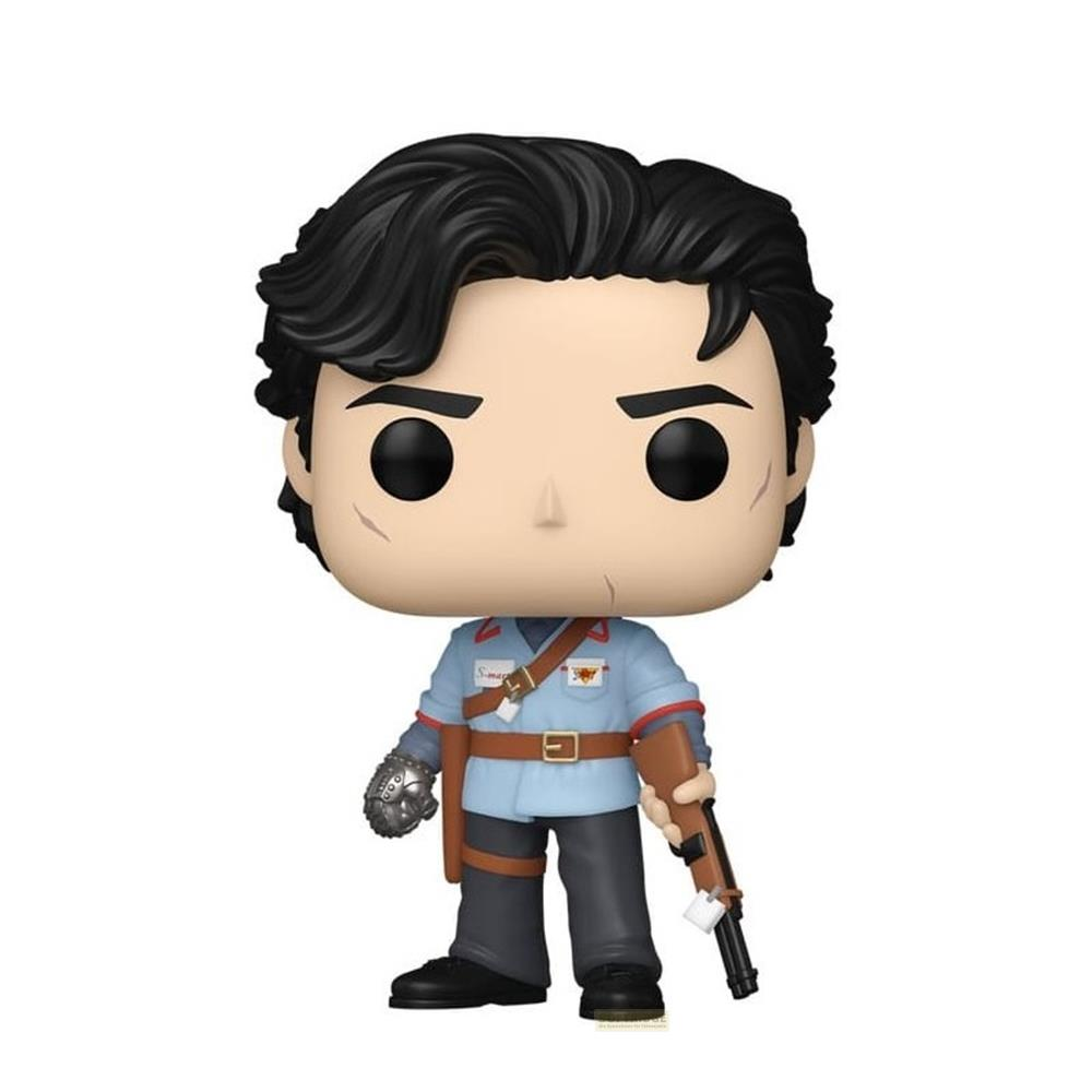 Eine Pop-Figur mit dunklem Haar, die eine blaue Uniform und eine Waffe trägt.