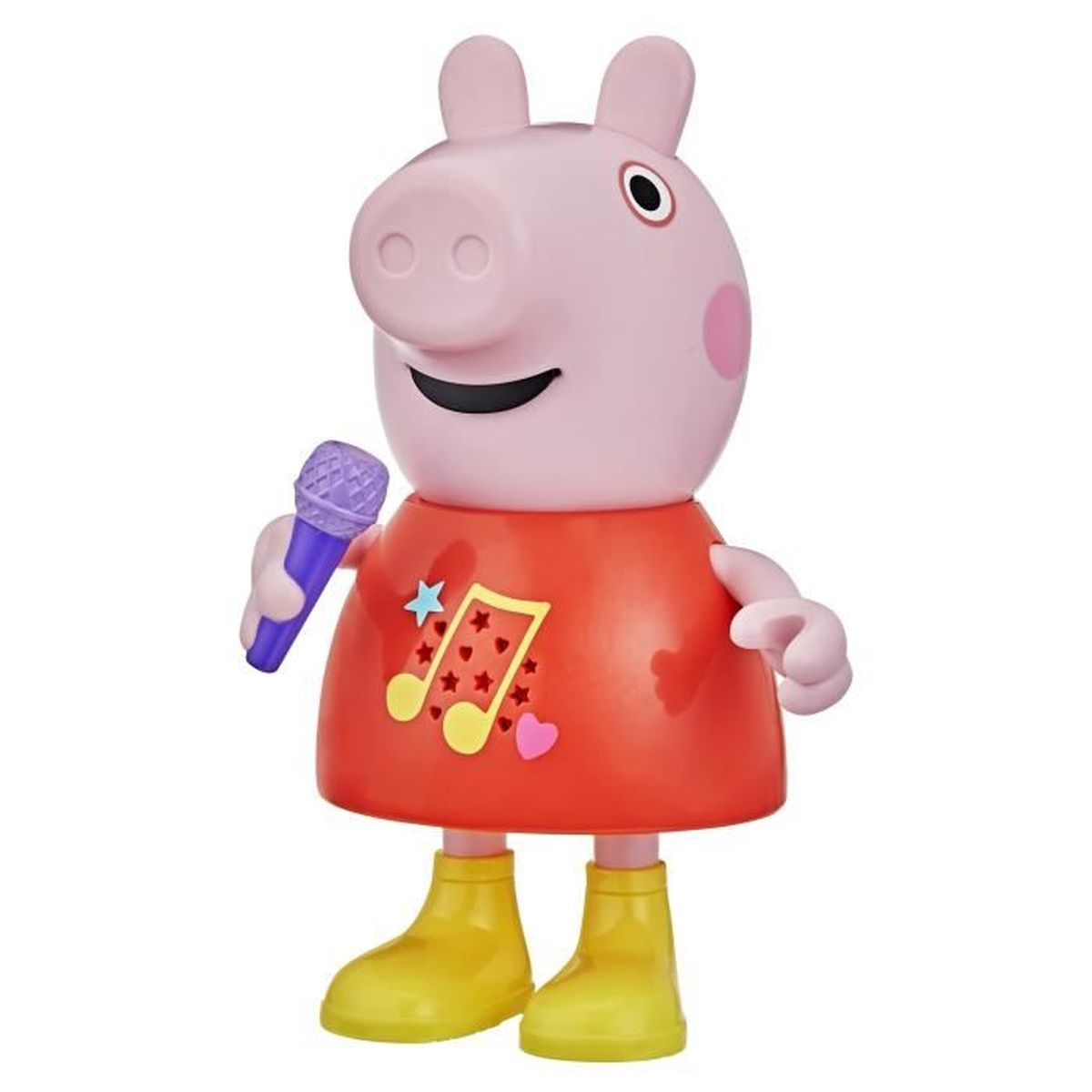 Peppa Wutz Spielzeug mit Mikrofon und Musiknoten auf rotem Kleid, gelben Stiefeln.