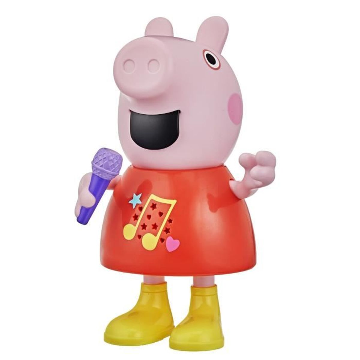 Peppa Wutz-Figur mit Mikrofon und roten Kleid mit Noten.