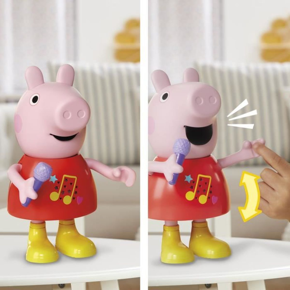 Peppa Wutz Spielzeug mit Mikrofon und rotem Kleid, gelben Stiefeln.