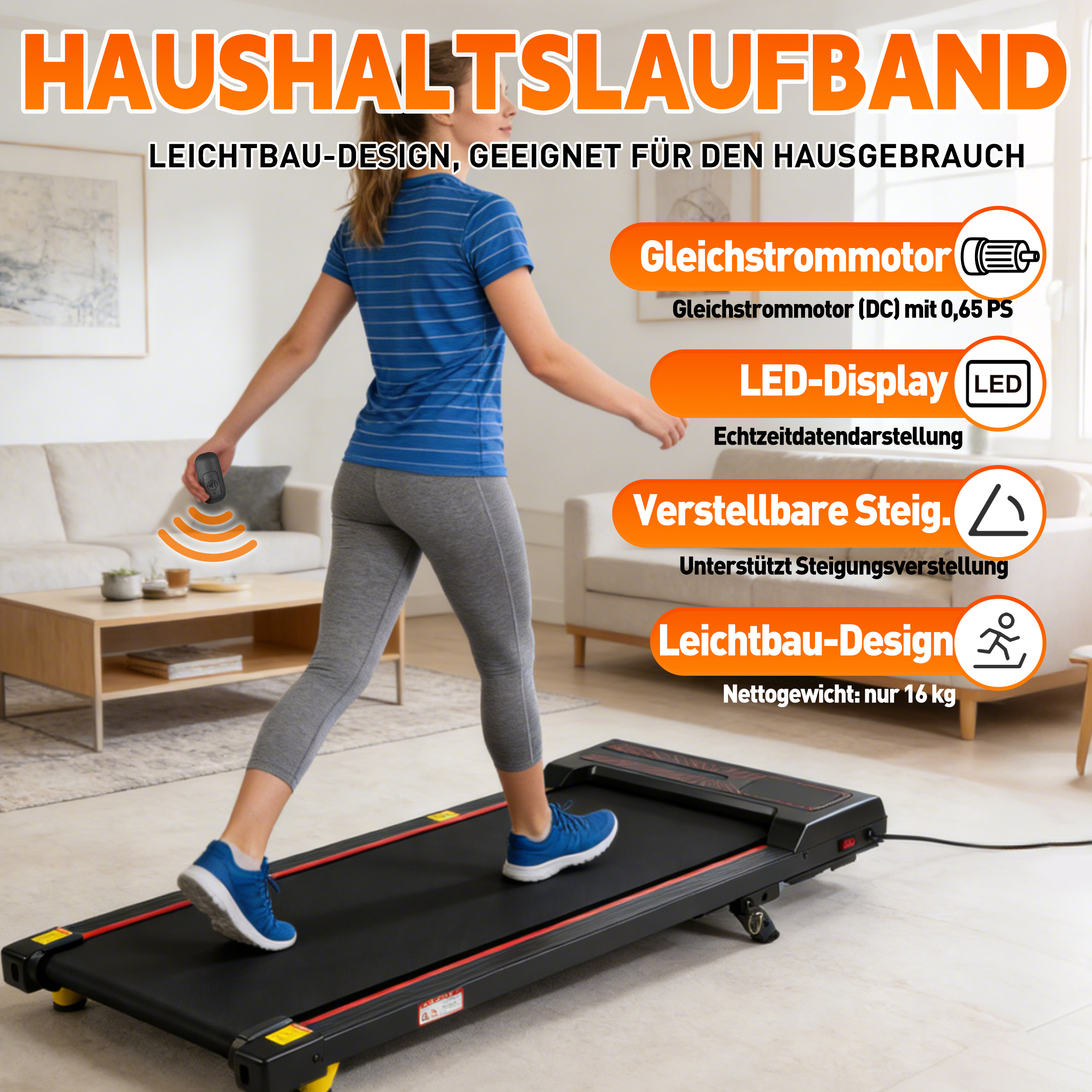 Frau auf einem Laufband zu Hause, mit Anzeige von Merkmalen wie Motor und Display.