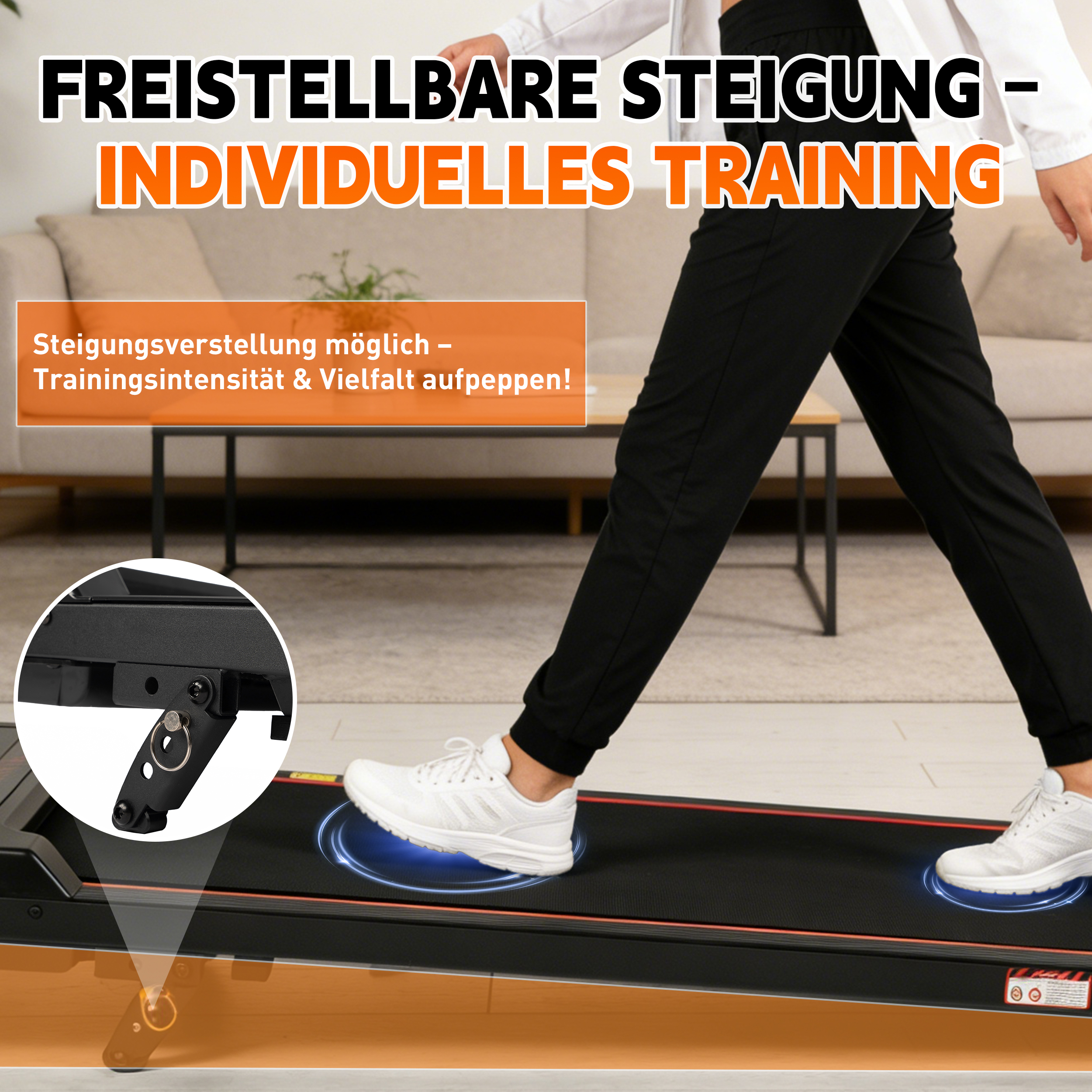 Eine Person trainiert auf einem Laufband mit einstellbarer Steigung.