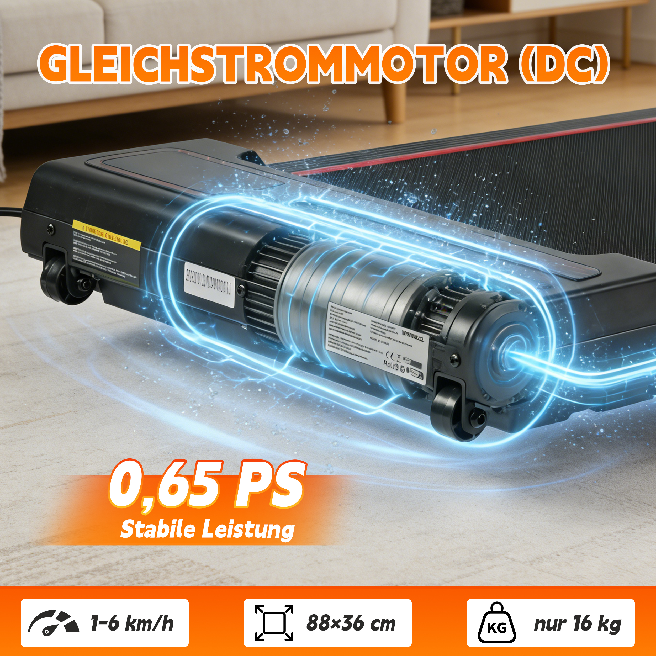 DC Motor mit 0,65 PS, 1-6 km/h, 88x36 cm, 16 kg Gewicht.