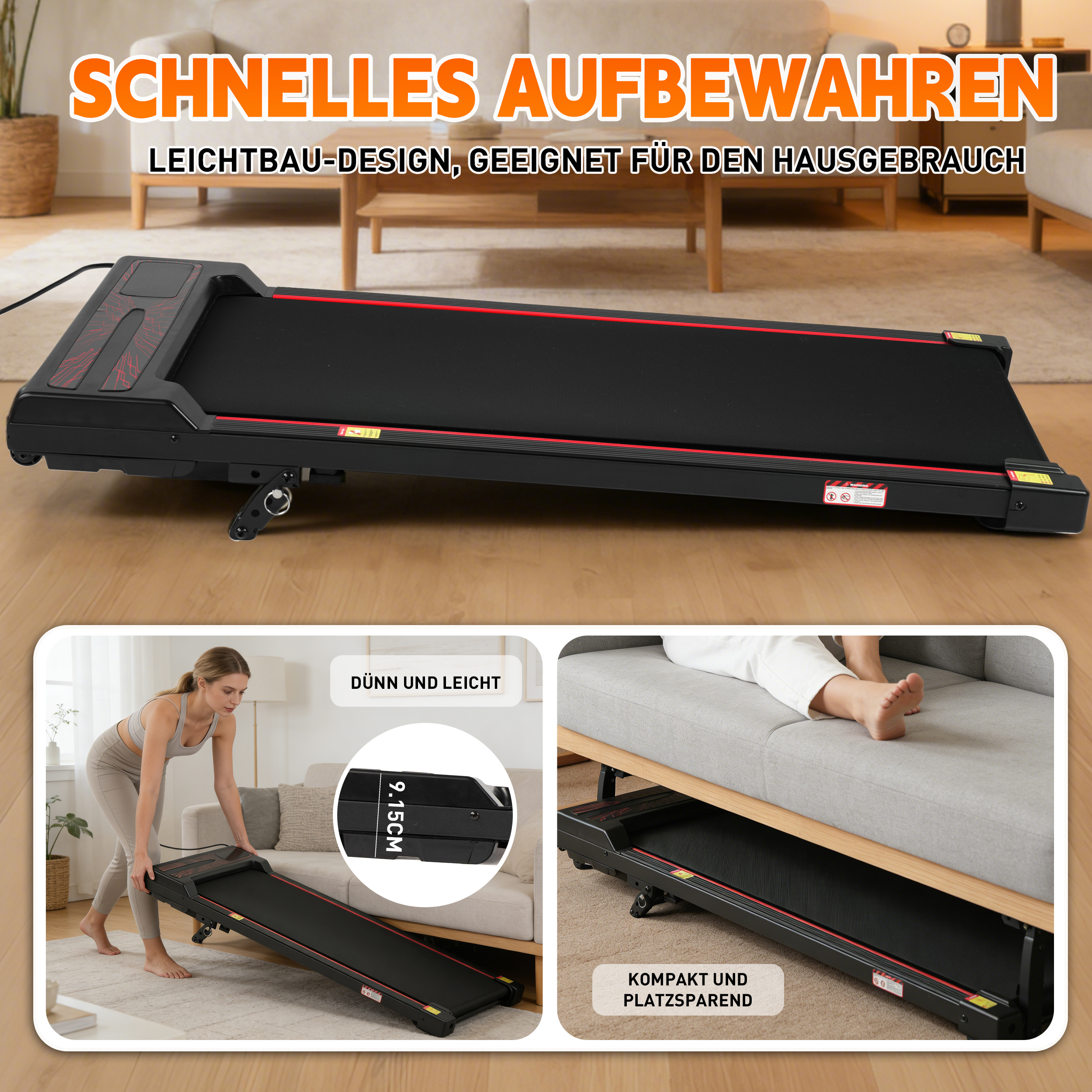 Schwarzer Laufband mit roten Akzenten, in einem Wohnzimmer.