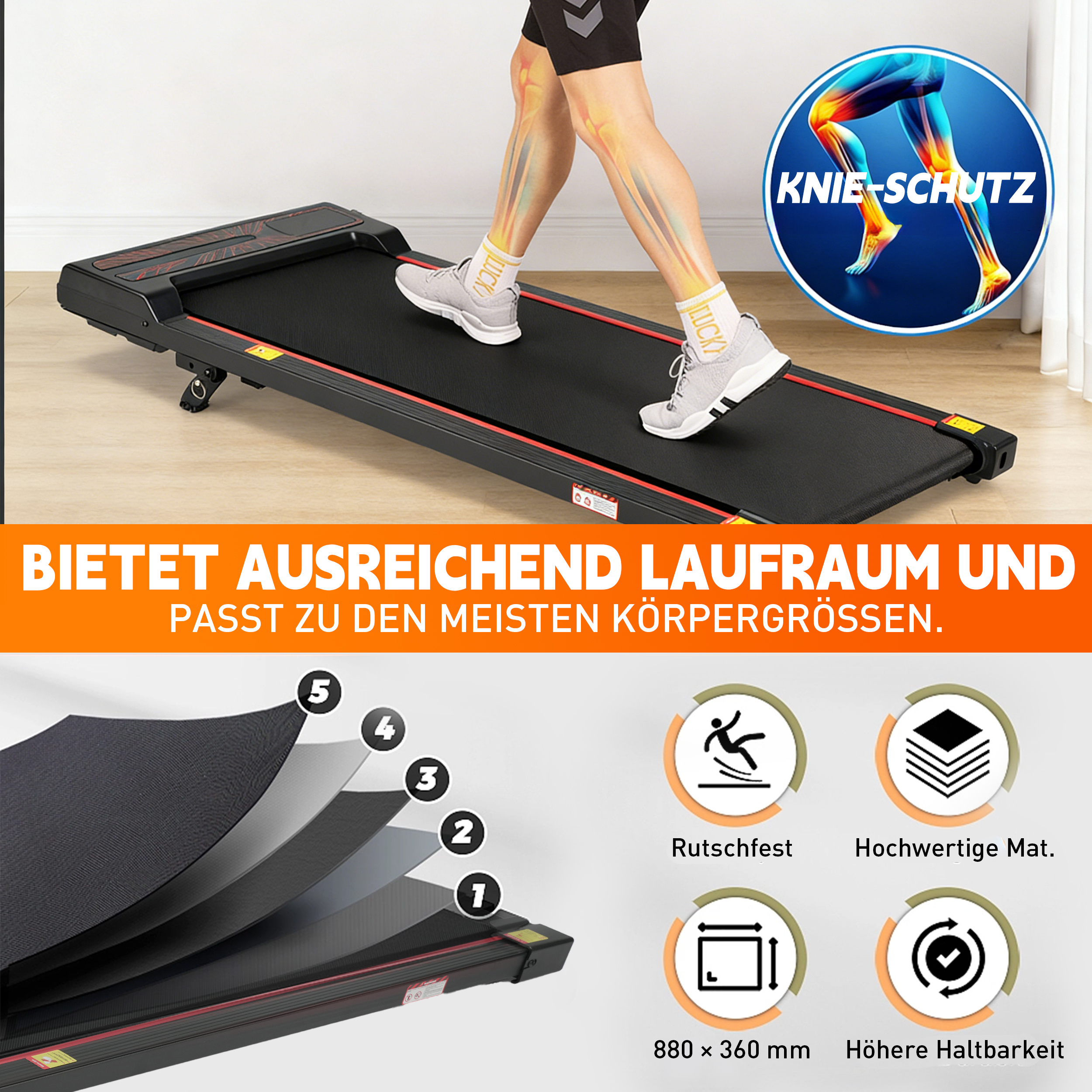 Beine auf einem Laufband mit Knie-Schutz-Grafik. Rutschfest, 880x360mm.