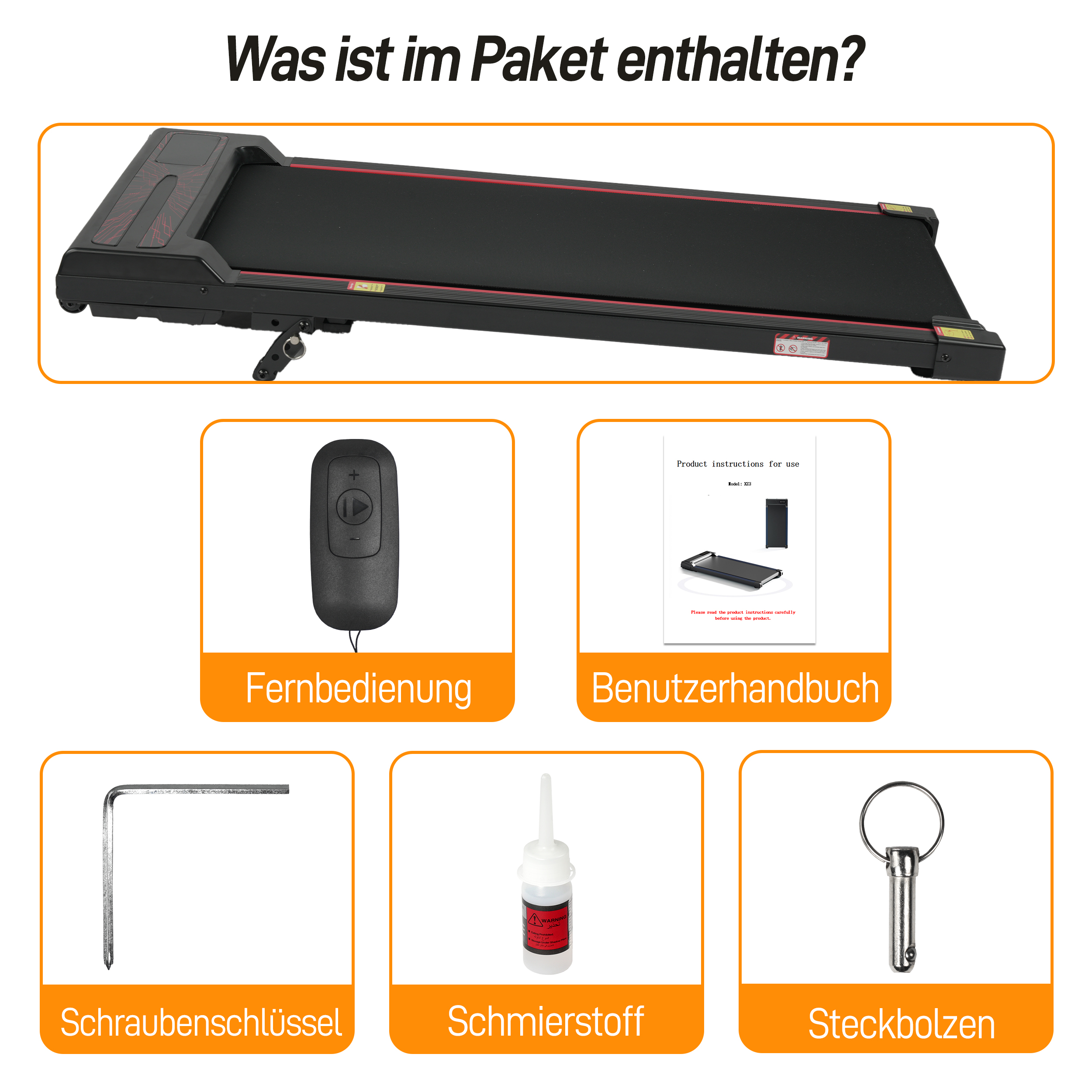 Ein Laufband mit Fernbedienung, Handbuch, Schraubenschlüssel, Schmiermittel und Steckbolzen.