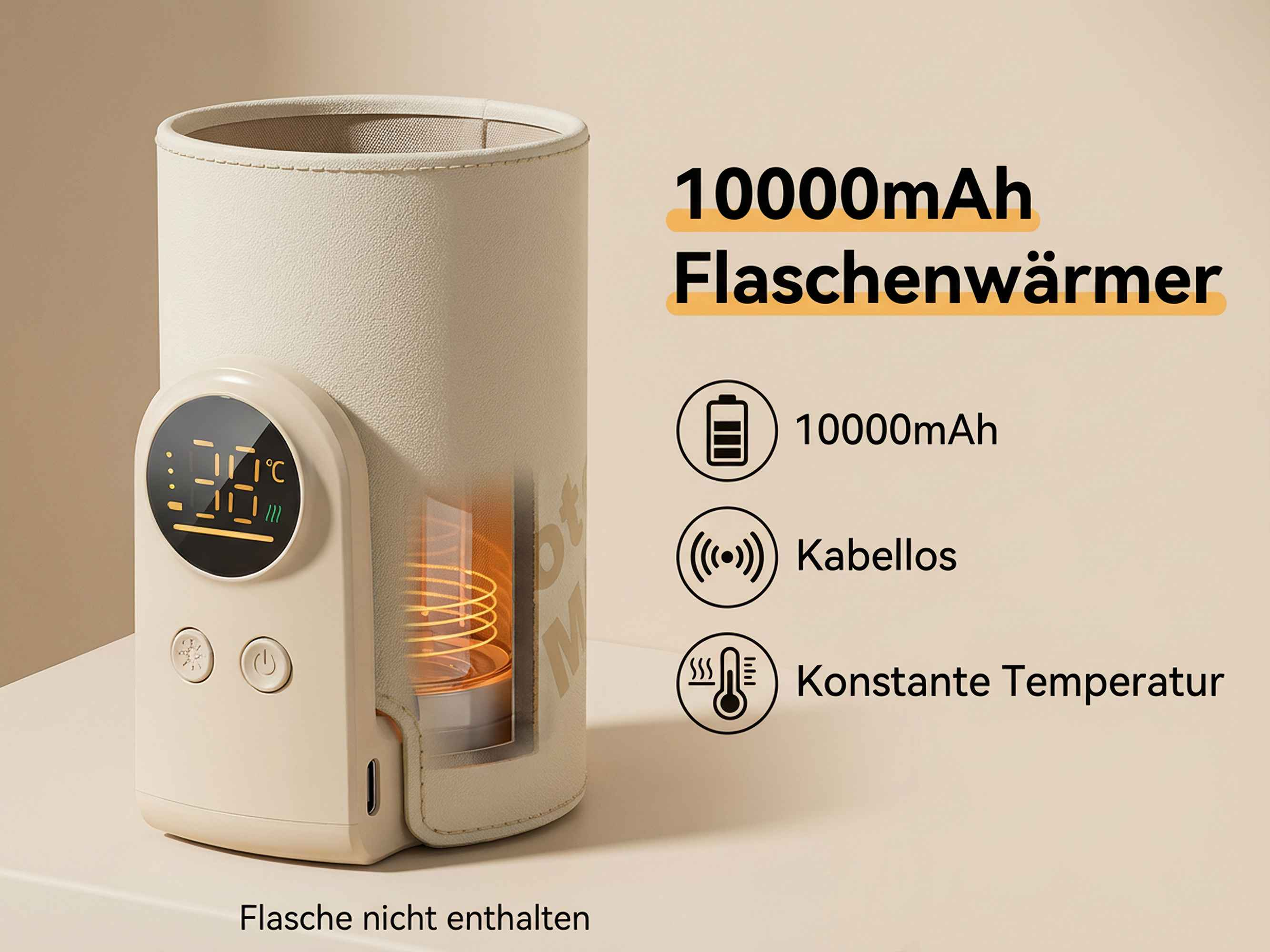 Beiger Flaschenwärmer mit digitaler Anzeige, 10000mAh, kabellos.