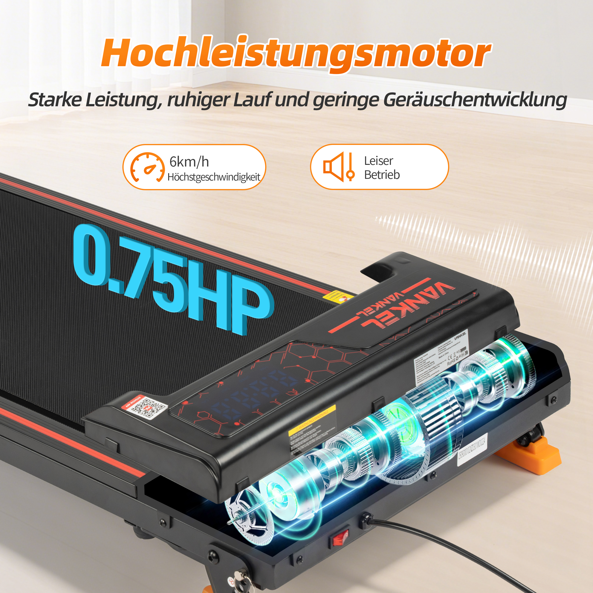 Ein Laufband mit 0,75 PS. Anzeige zeigt 6 km/h Höchstgeschwindigkeit und leisen Betrieb.