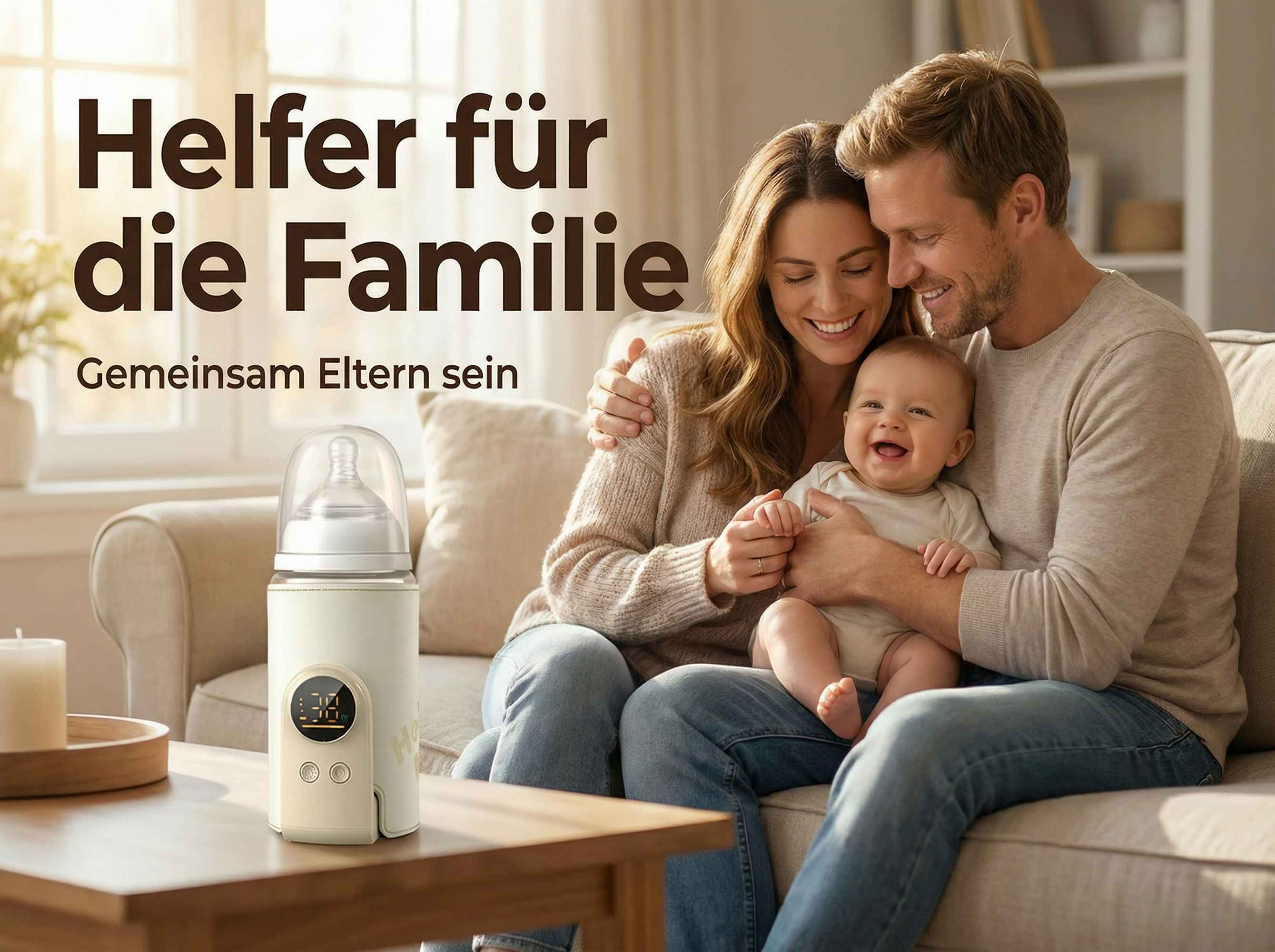 Ein Paar mit Baby auf dem Sofa, daneben ein Flaschenwärmer.