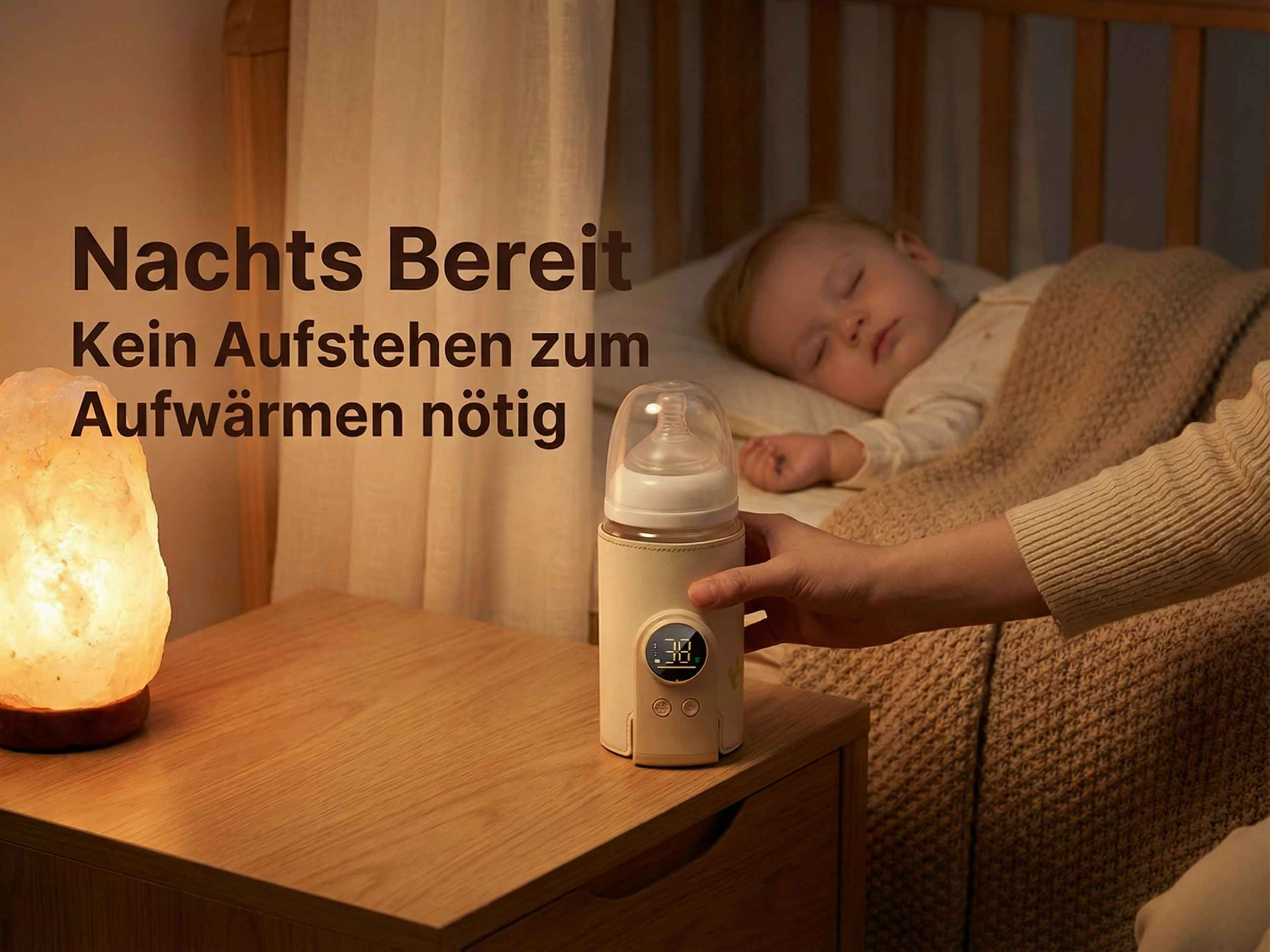 Ein Baby schläft im Bett, eine Hand hält eine Babyflasche neben einem Nachttisch.