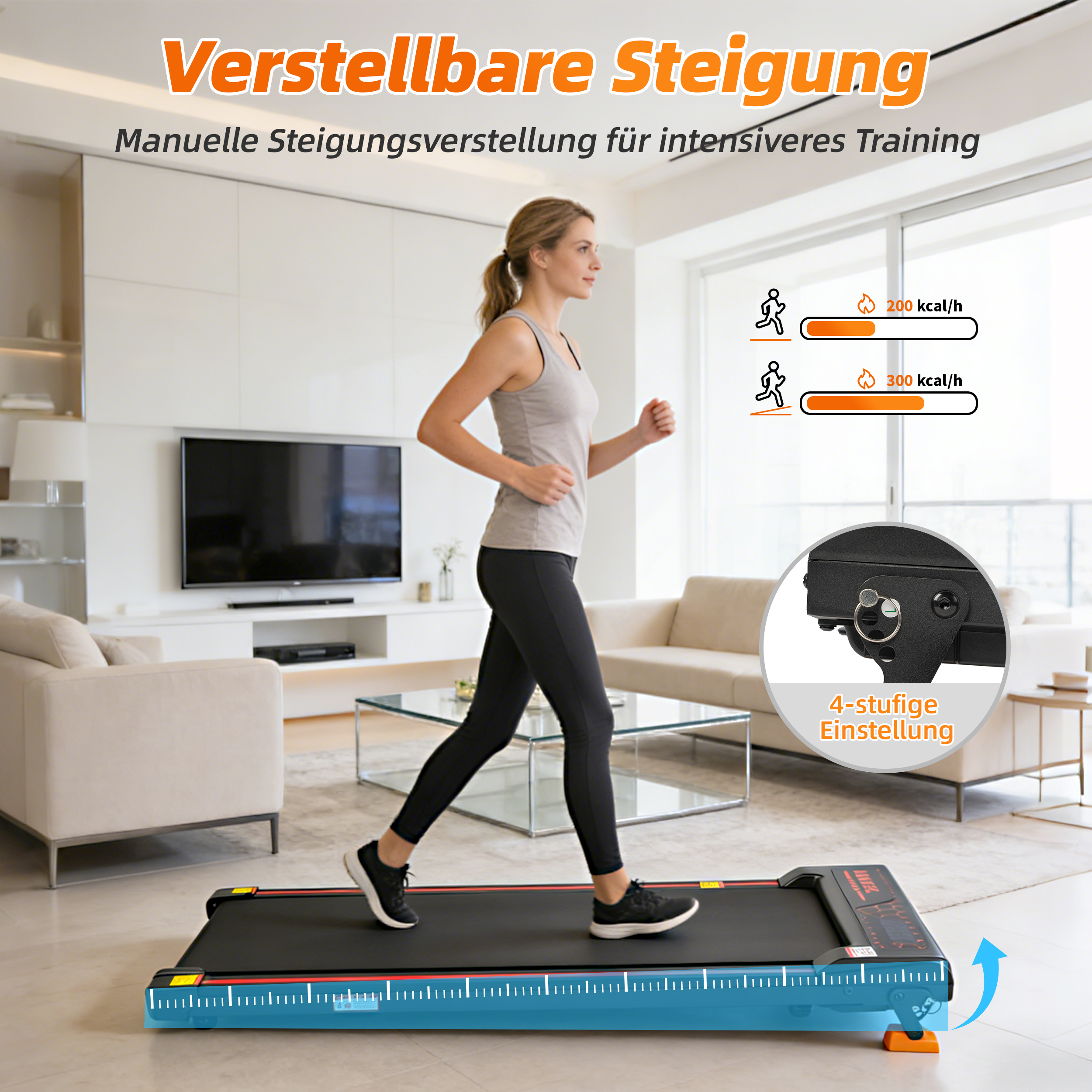 Frau läuft auf Laufband im Wohnzimmer. Anzeige für Kalorienverbrauch.