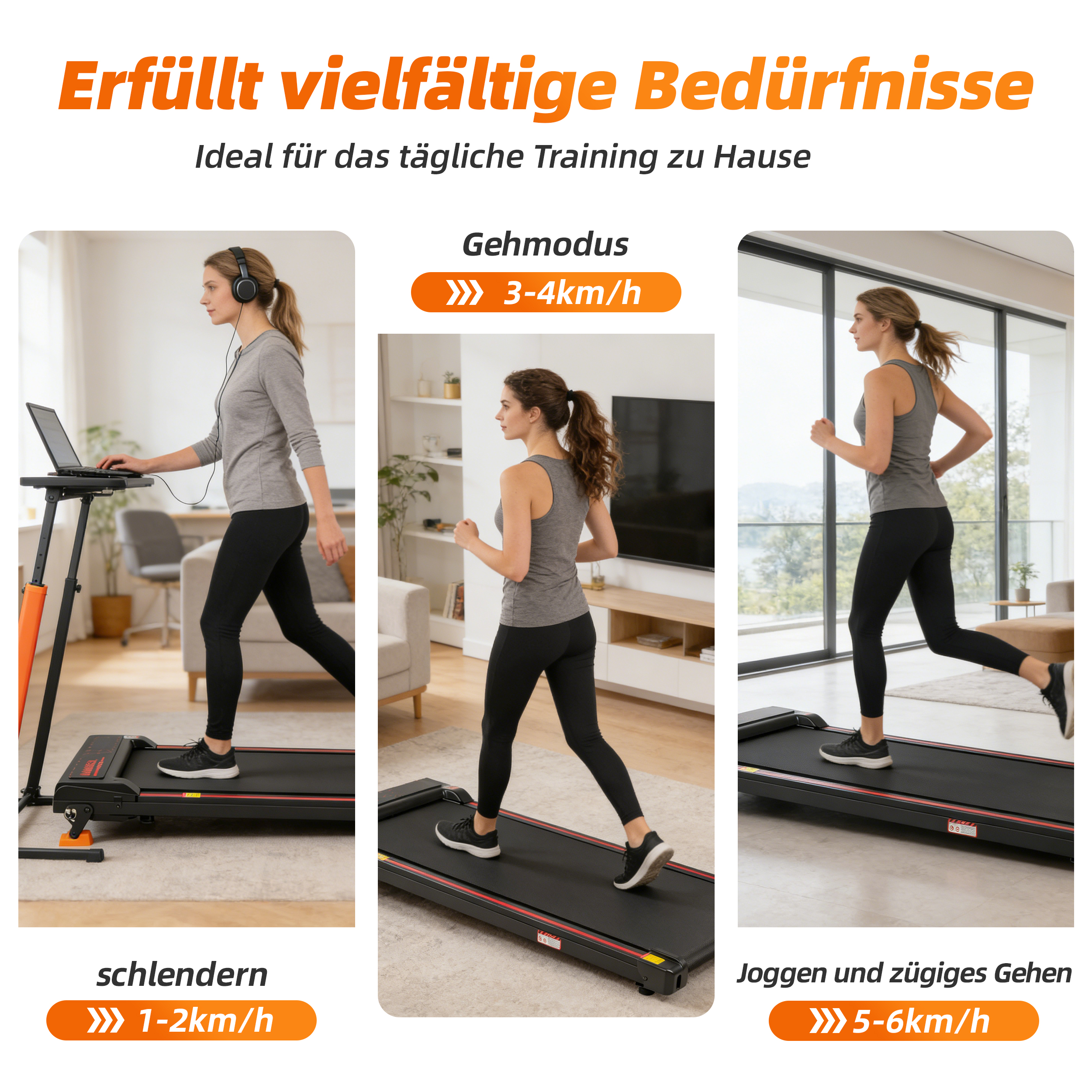 Drei Frauen trainieren auf Laufbändern: eine mit Laptop, eine gehend, eine rennend.