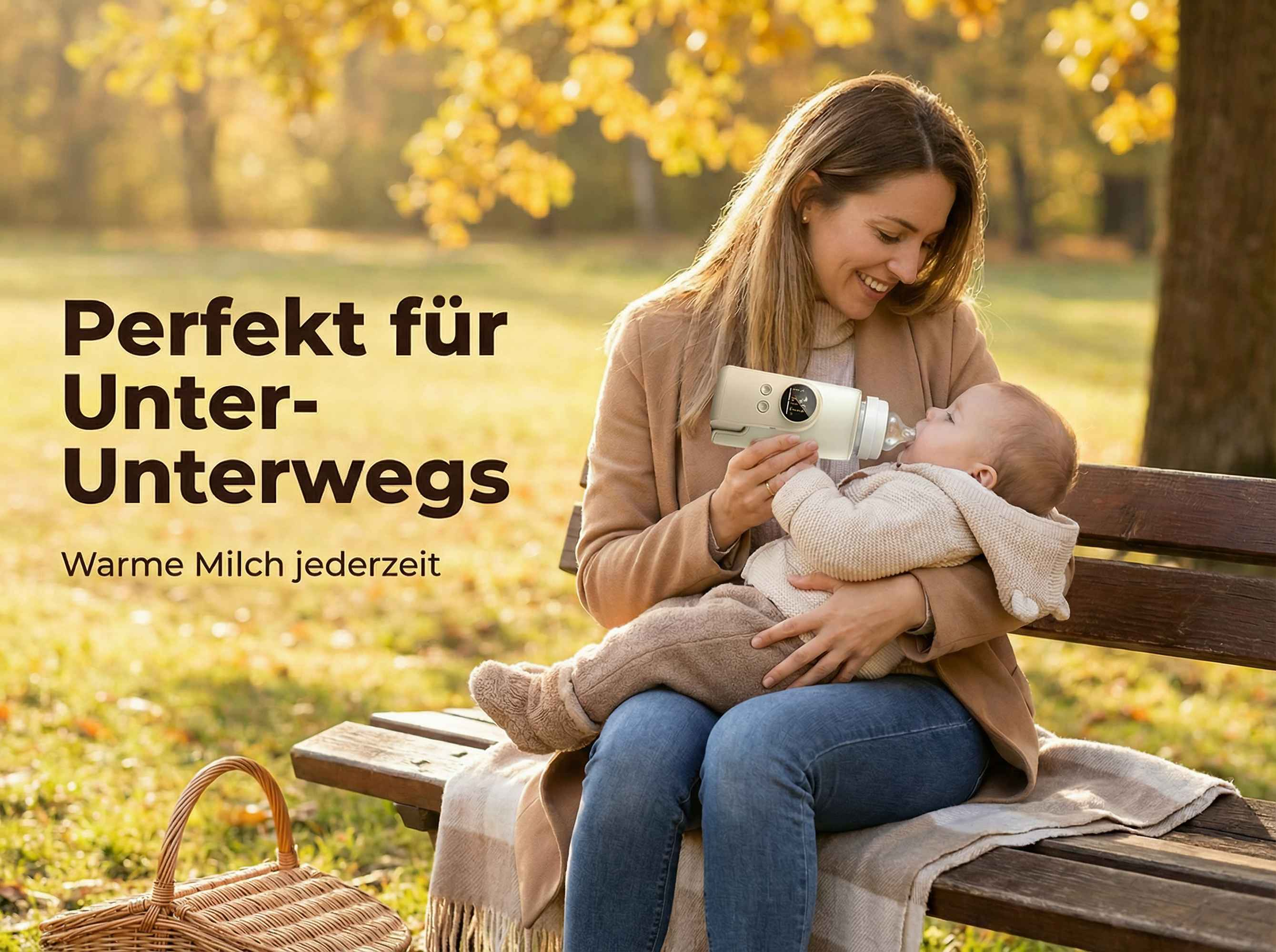 Eine Frau füttert ihr Baby mit einer Flasche auf einer Parkbank im Herbst.