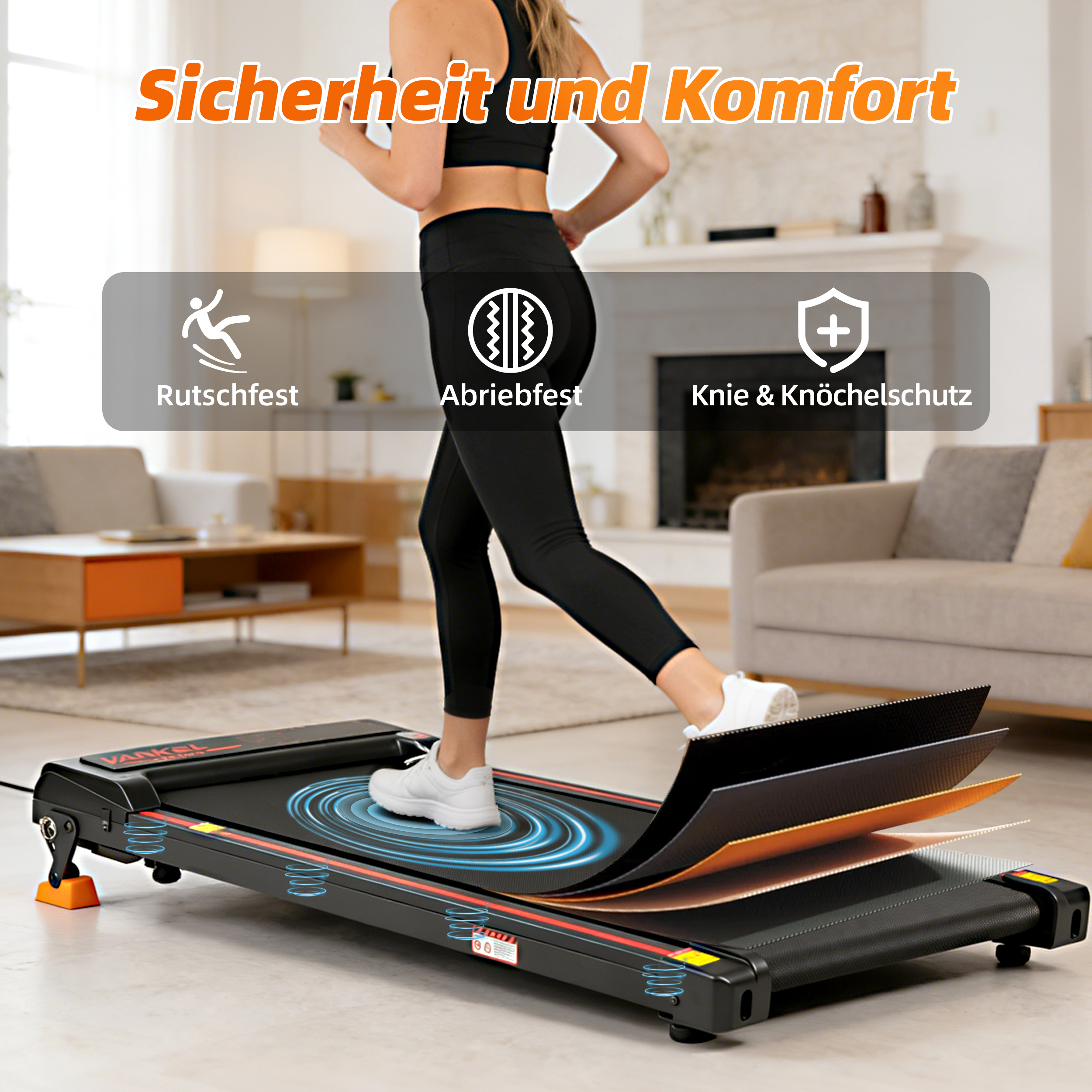 Eine Frau läuft auf einem Laufband mit Text-Overlays über Sicherheit und Komfort.