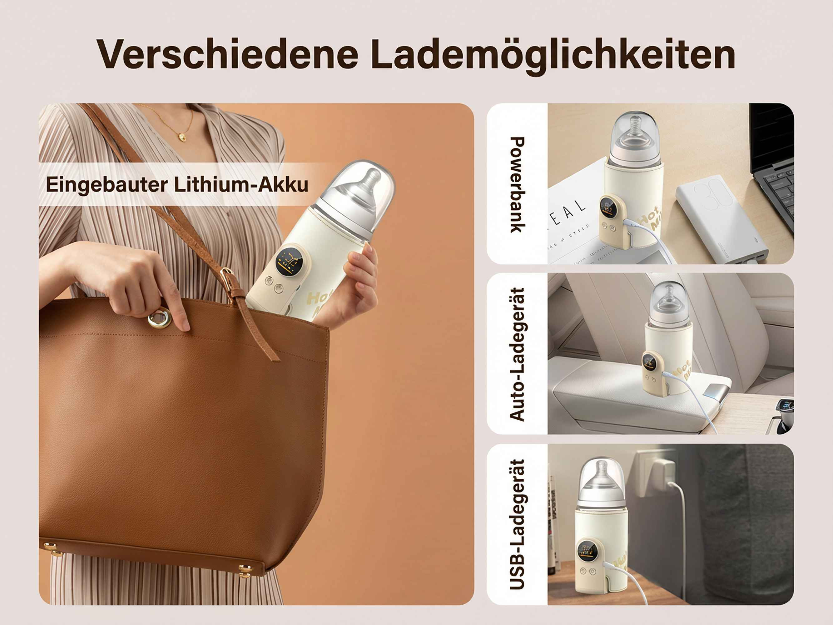 Ein Babyflaschenwärmer mit verschiedenen Lademöglichkeiten: Powerbank, Auto, USB.