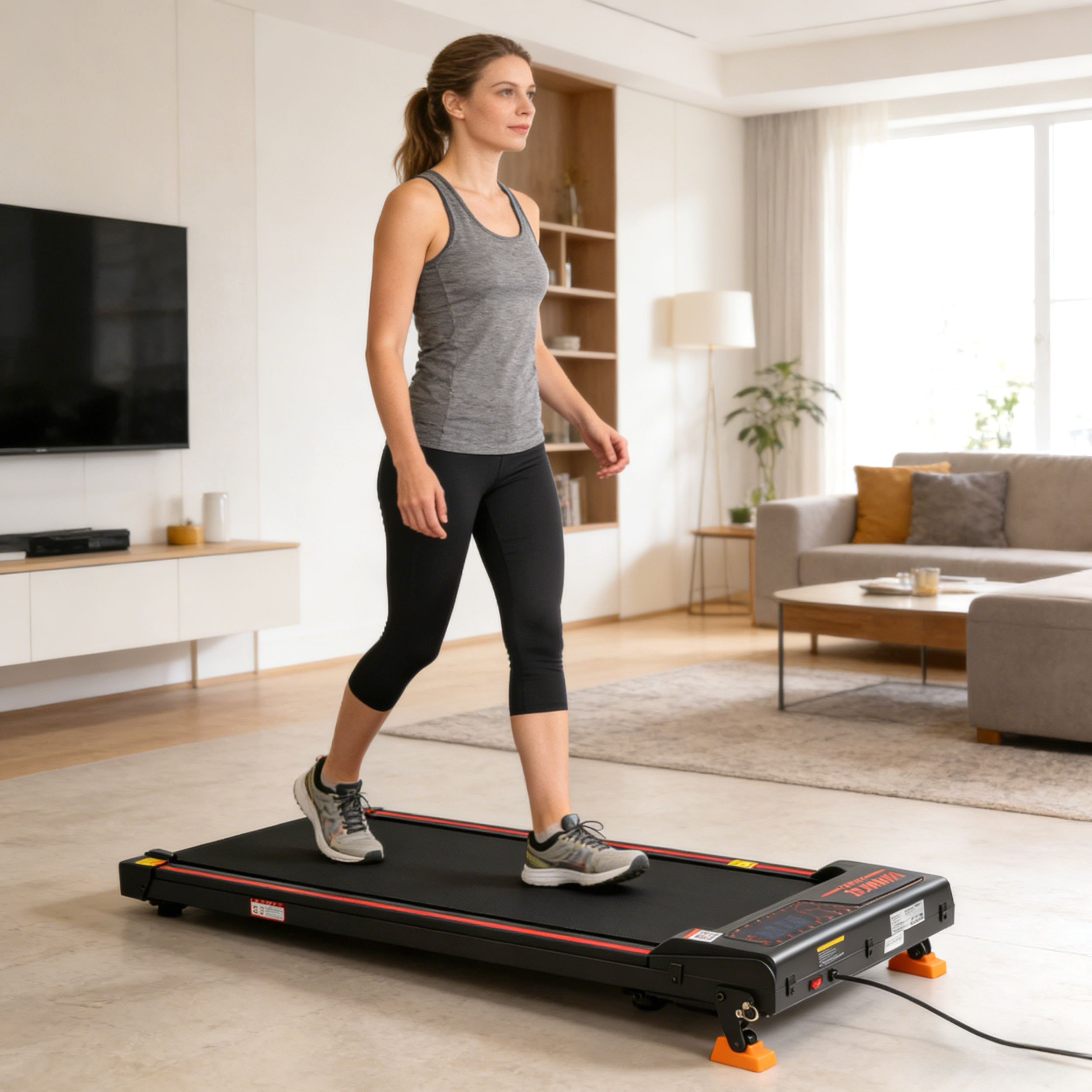 Eine Frau geht auf einem Laufband in einem Wohnzimmer, mit Sofa und Fernseher im Hintergrund.