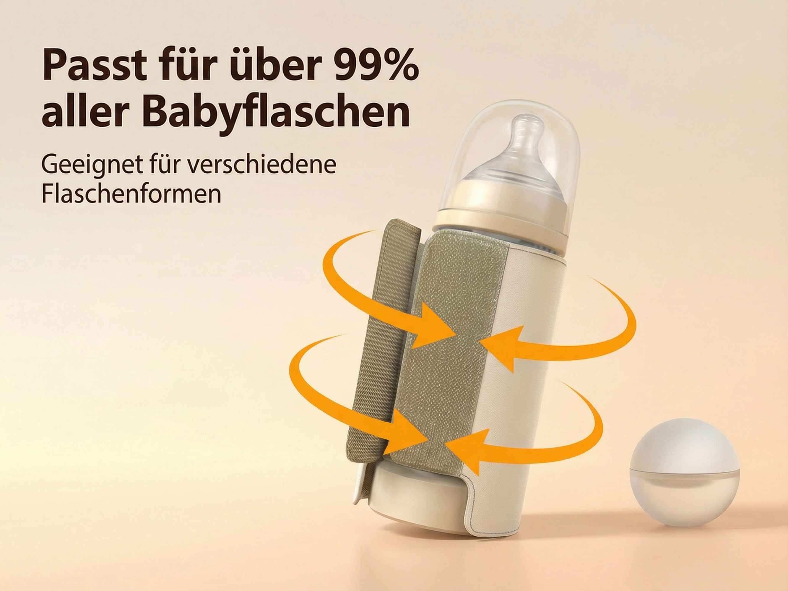 Babyflasche in einem Halter mit orangen Pfeilen, die Flexibilität zeigen.