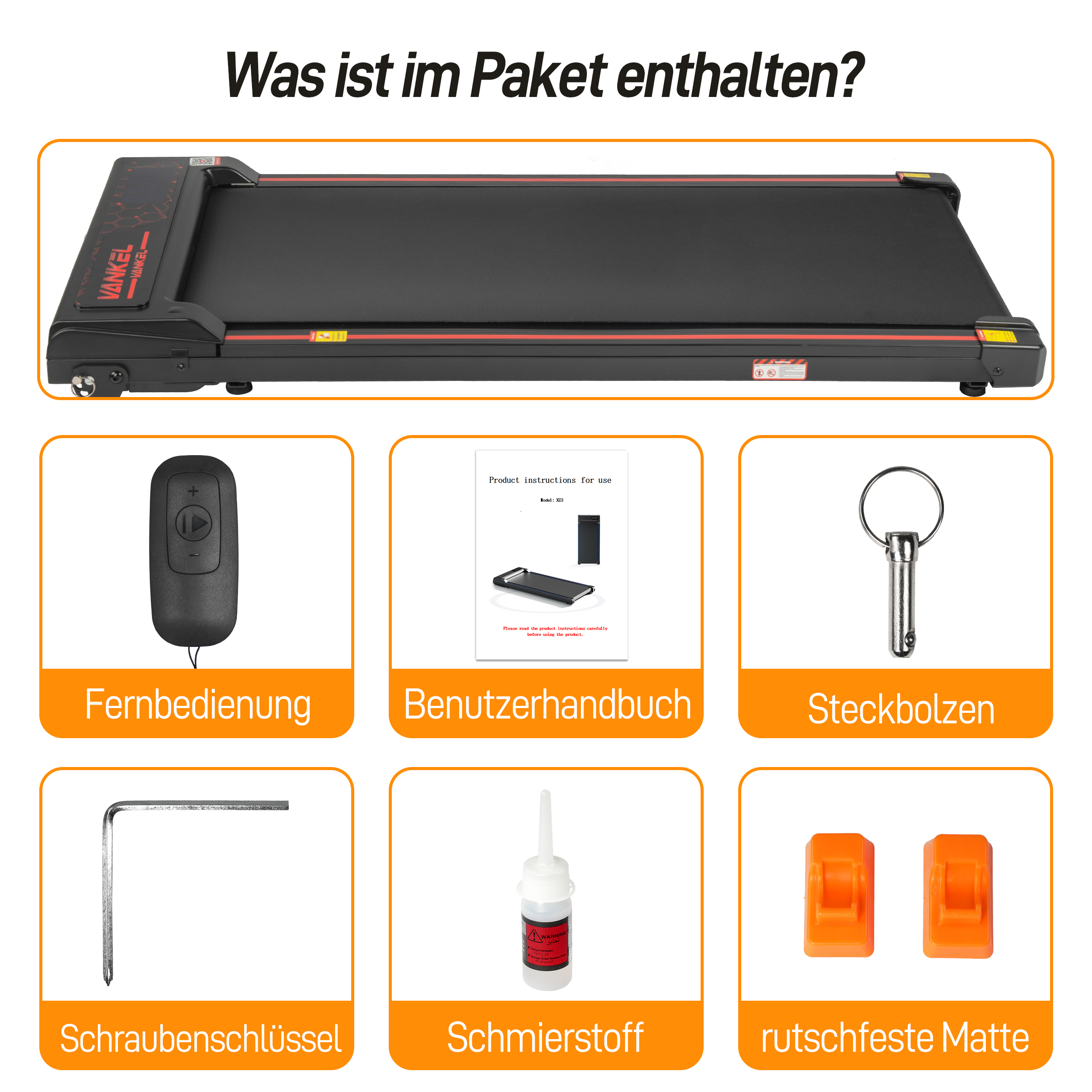 Ein Laufband mit Zubehör: Fernbedienung, Handbuch, Steckbolzen, Schraubenschlüssel, Schmierstoff, Matten.