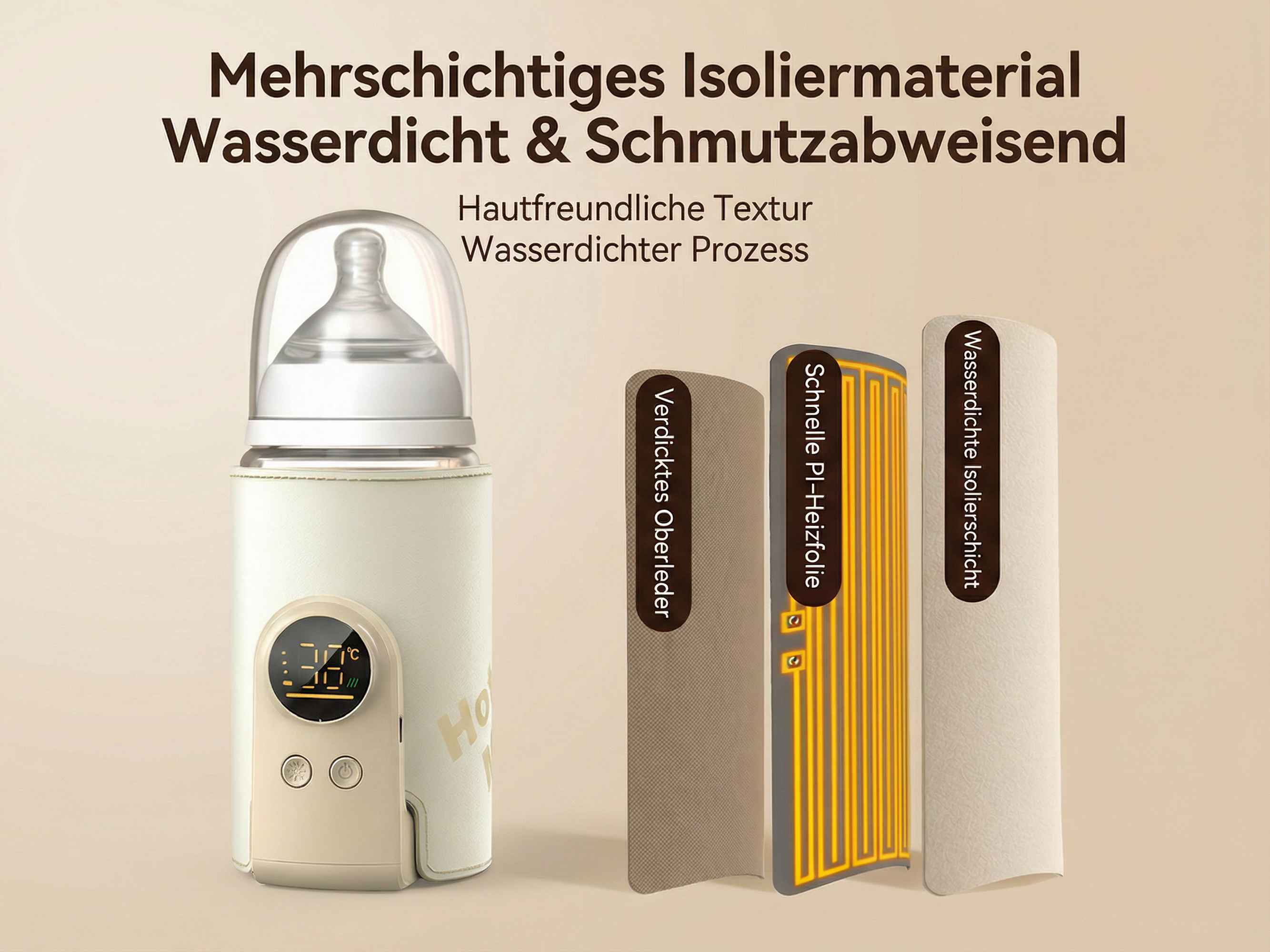 Babyflaschenwärmer mit digitaler Anzeige und drei Isolierschichten.