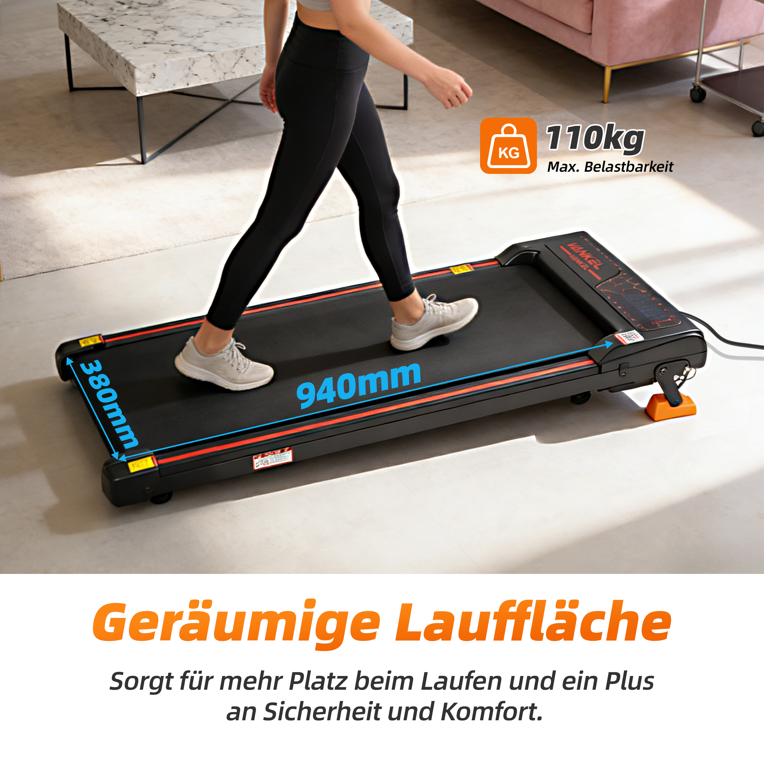 Eine Frau geht auf einem Laufband. Maße 380x940mm, max. 110kg.