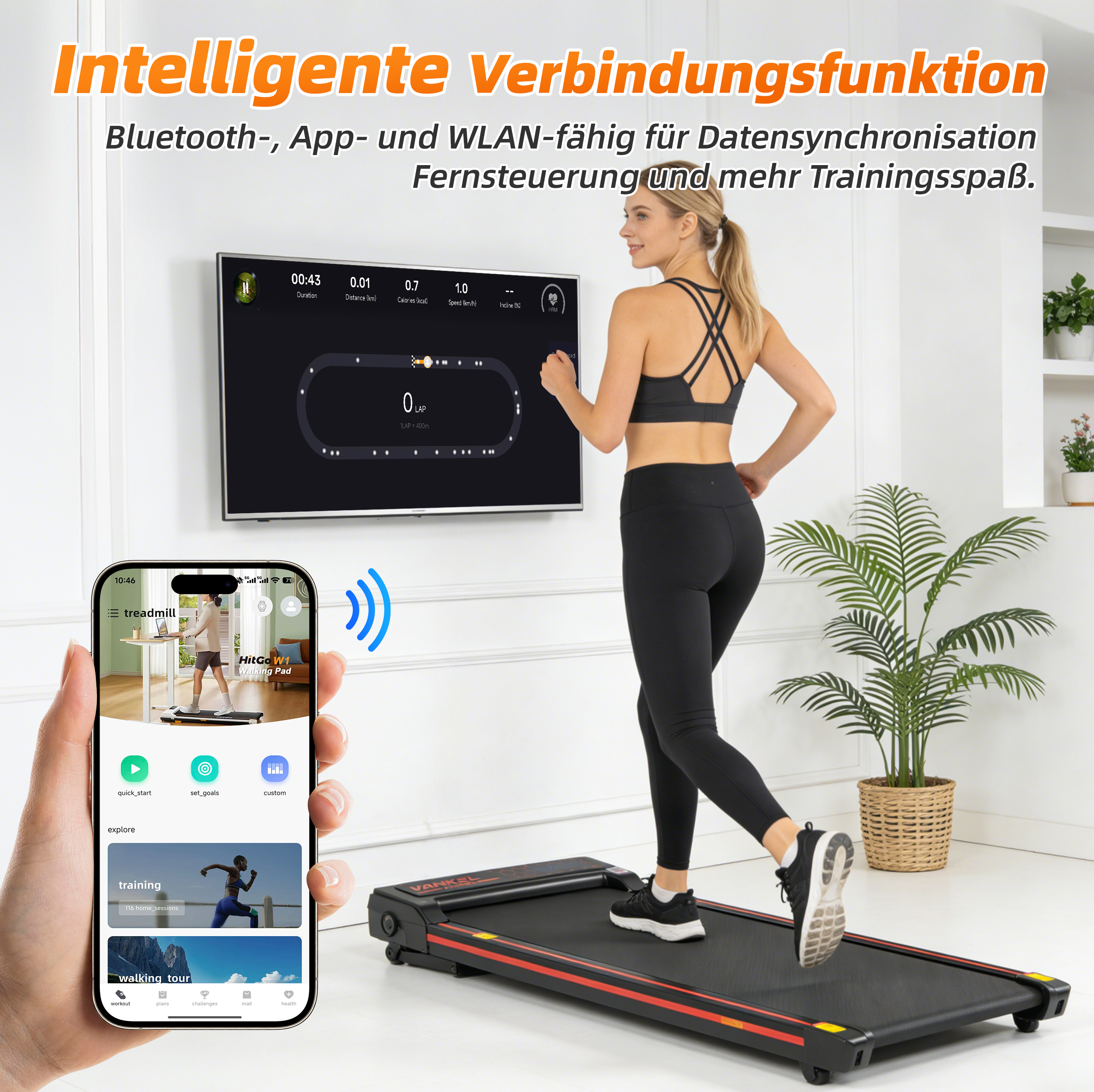 Frau auf Laufband mit App-Steuerung. Intelligente Verbindungsfunktion.