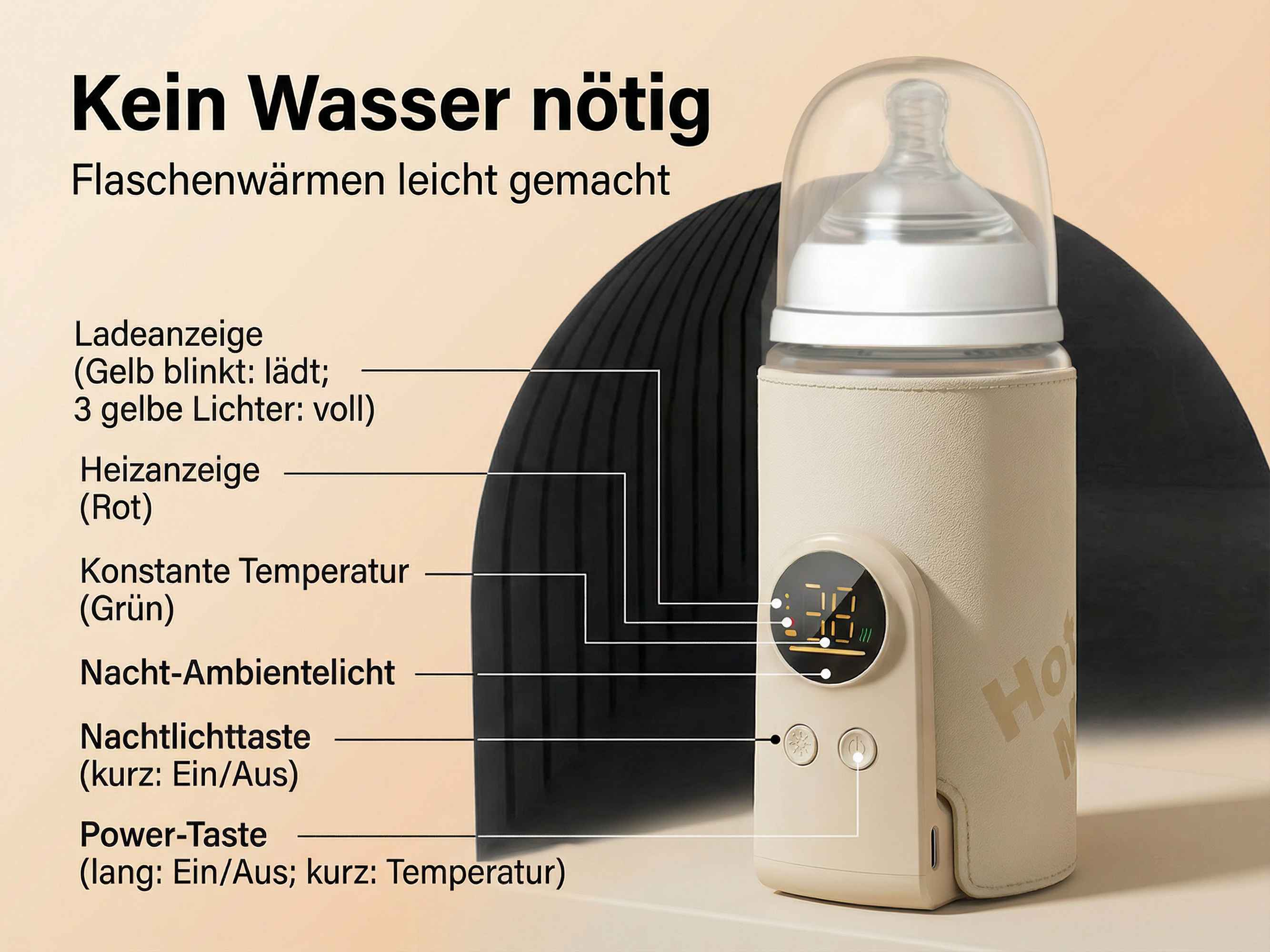 Beige Flaschenwärmer mit digitaler Anzeige und Bedienelementen.