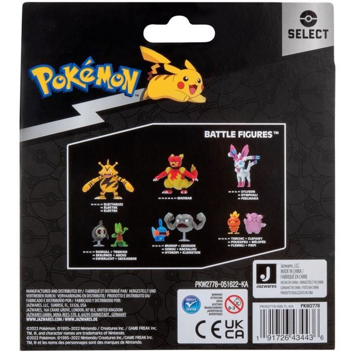 Pokémon-Spielzeugverpackung mit Pikachu und verschiedenen Pokémon-Figuren.