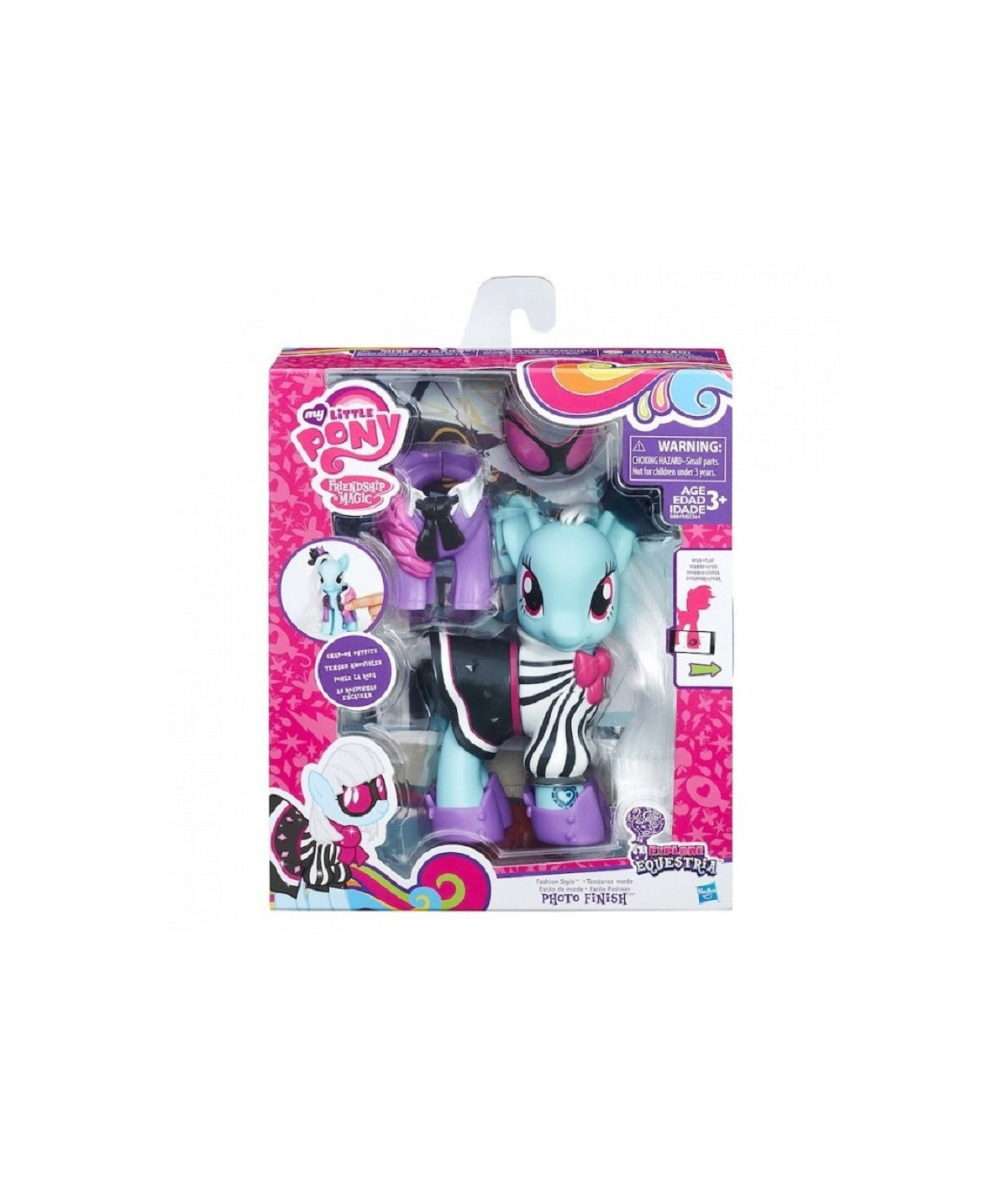 Ein My Little Pony Spielzeug in Box mit Zubehör, blaues Pony mit rosa Schleife.