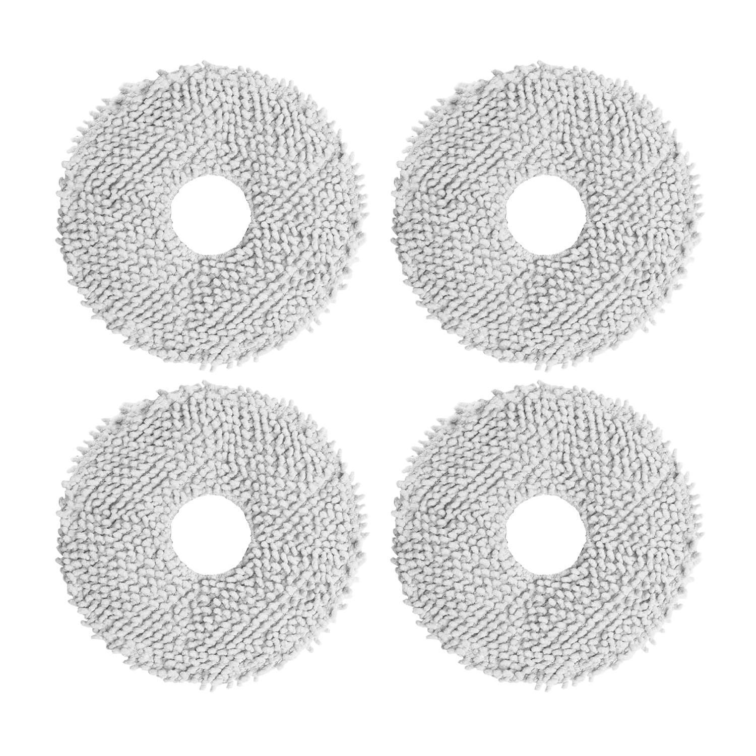 Cztery okrągłe, szare pady mopujące z centralnym otworem na białym tle.