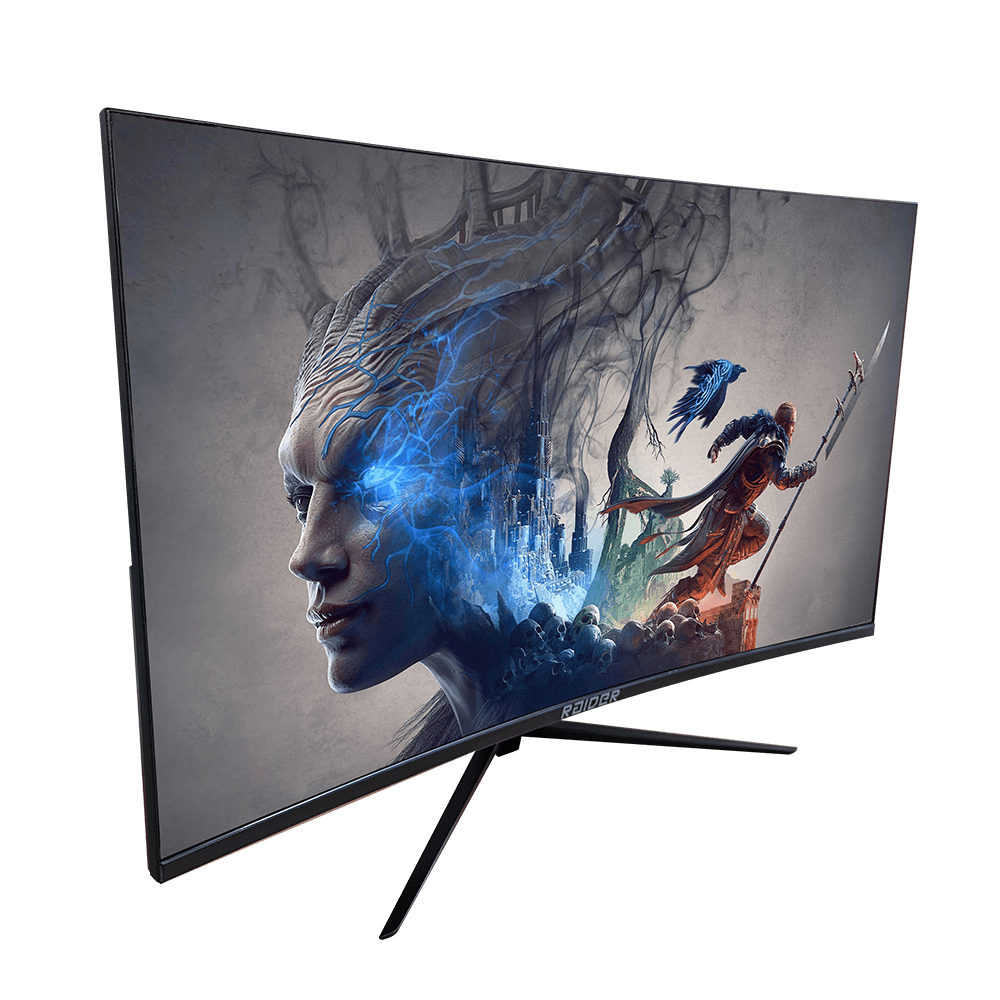 A monitor displays a fantasy image: a woman, a warrior, a raven, and a city.