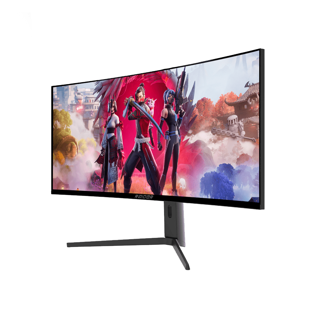 Three characters with weapons on a curved screen displaying a game.
