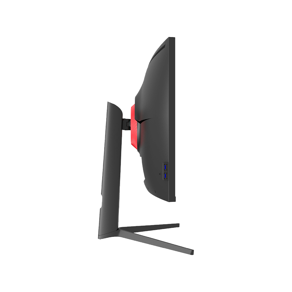 Black monitor with red accent, viewed from the side, showing USB ports.