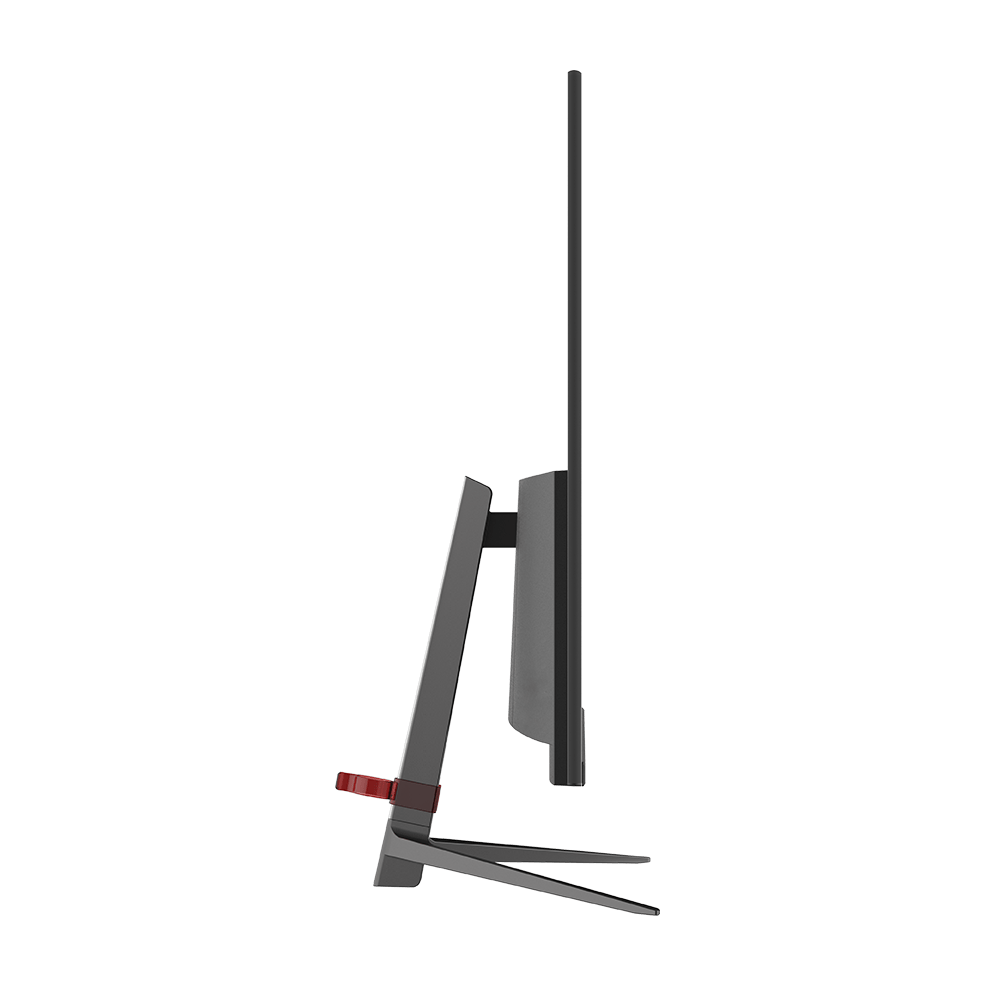 A gaming monitor with a sleek design and a red accent on the stand.