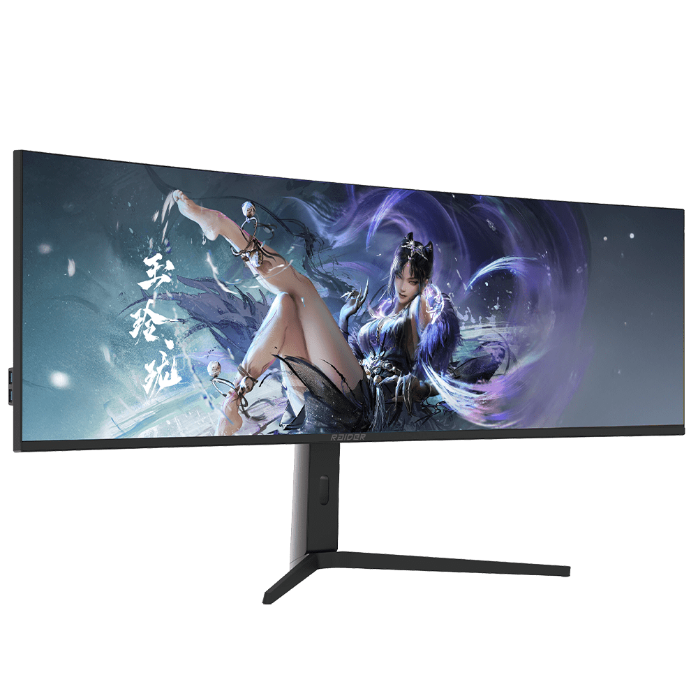 An ultrawide gaming monitor displaying an anime girl with purple wisps.