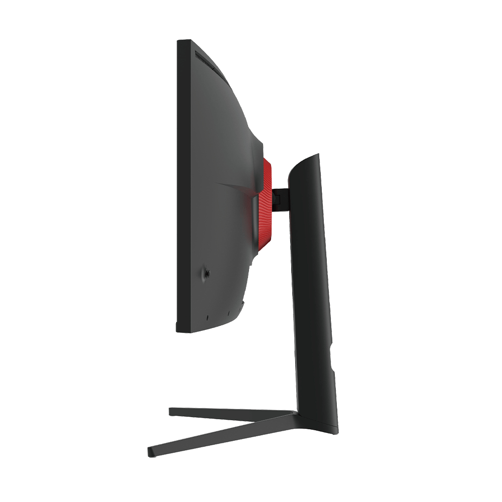 Black gaming monitor with red accent, seen from the side.