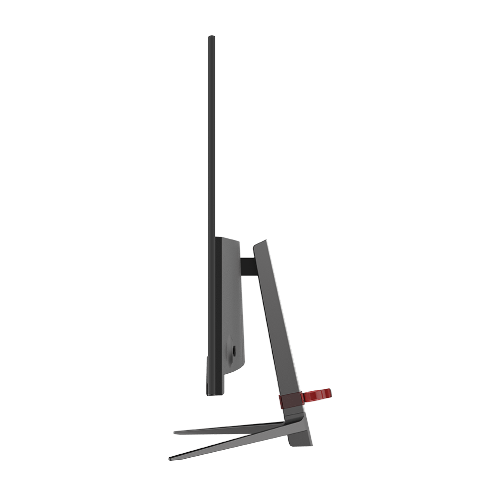 Gray monitor with red accent on stand, seen from the side.