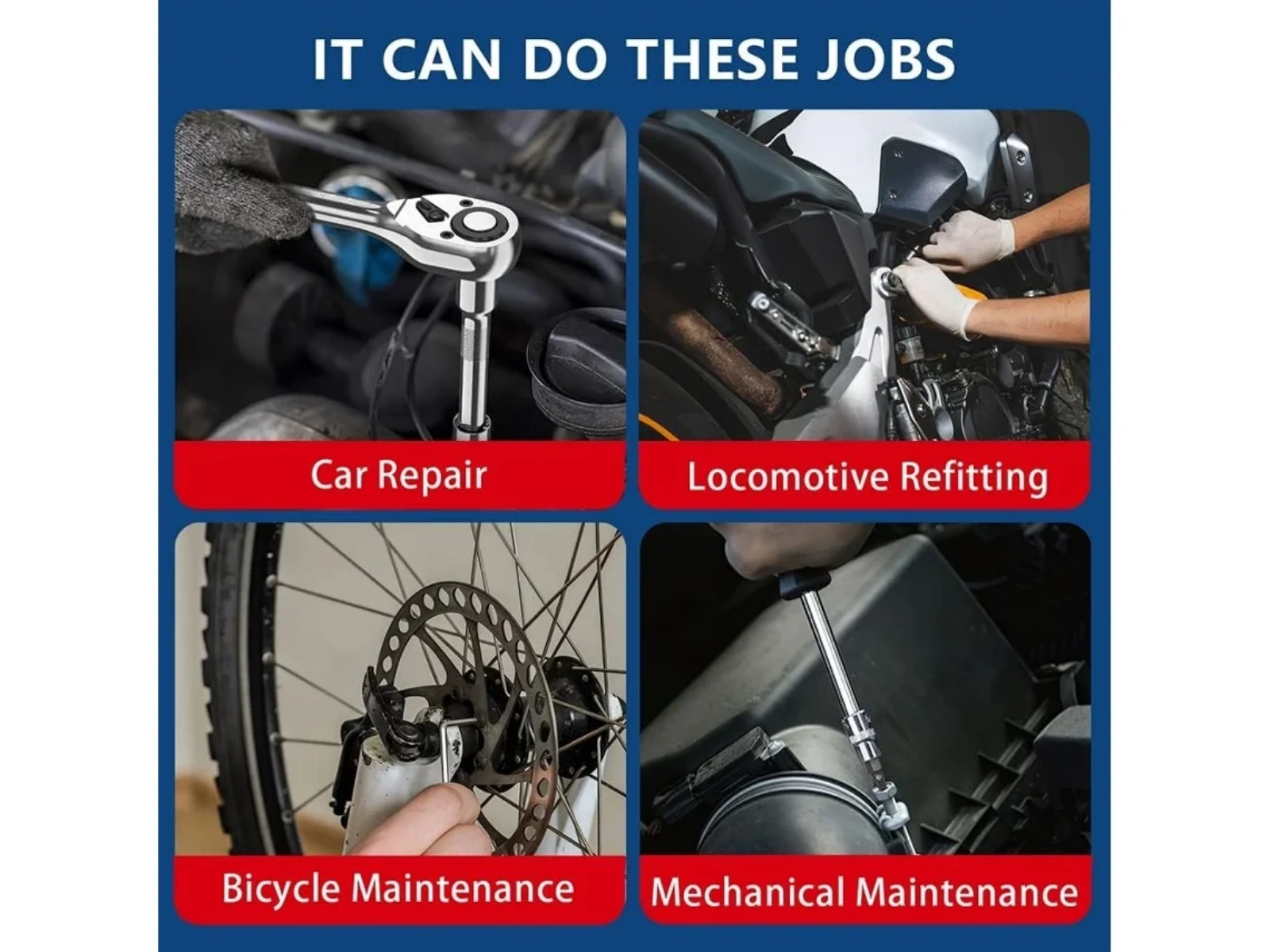 Collage von vier Bildern, die Auto-, Motorrad-, Fahrrad- und mechanische Wartungsarbeiten zeigen.
