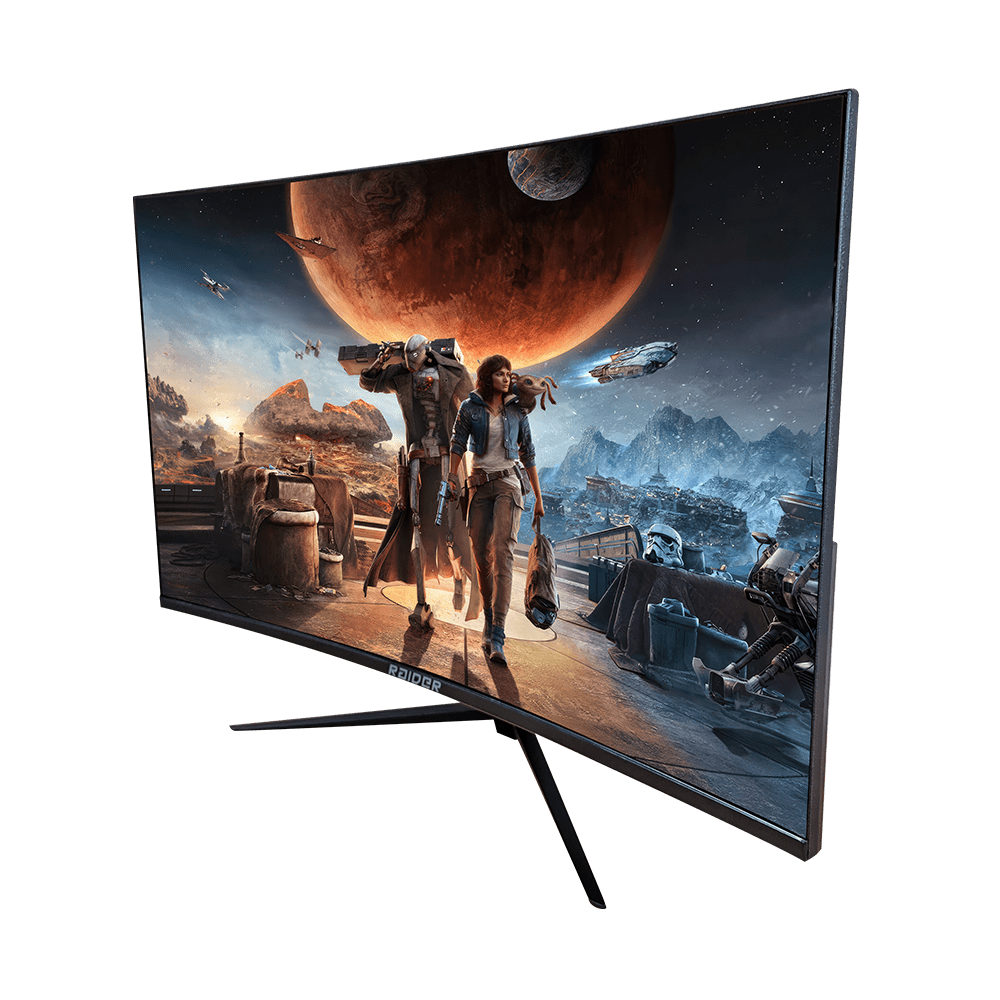 Two figures in a futuristic landscape with a giant planet in the sky.