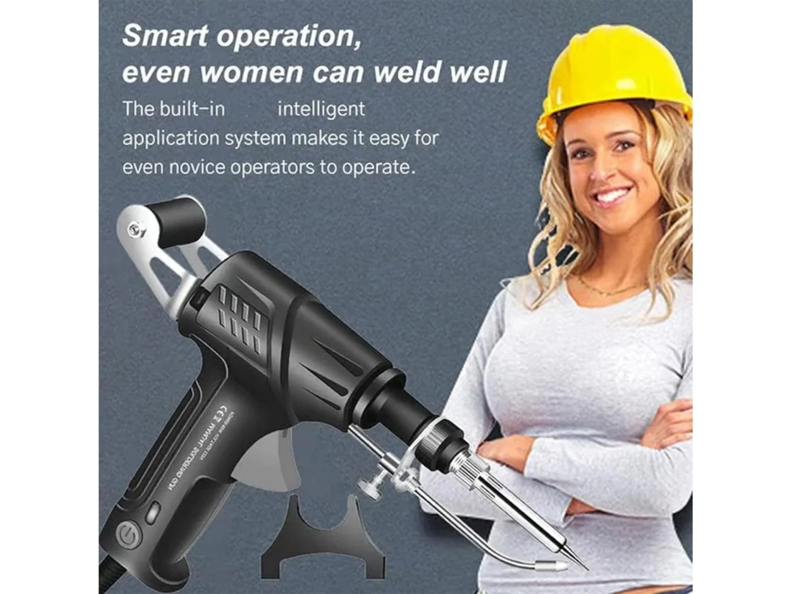 Eine Frau in einem gelben Helm mit einem Lötwerkzeug.