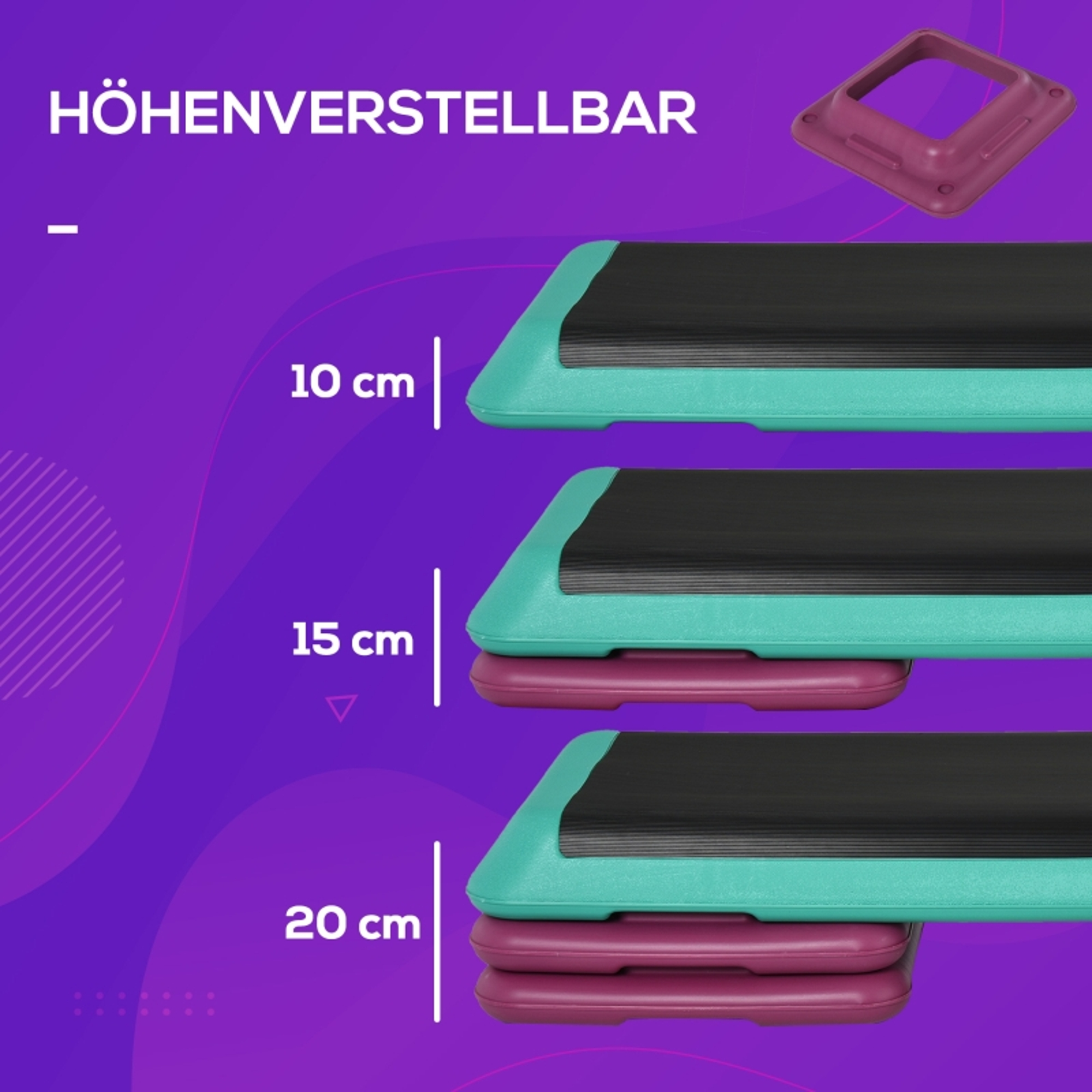 Höhenverstellbare Stepper in Grün und Lila bei 10, 15 und 20 cm.